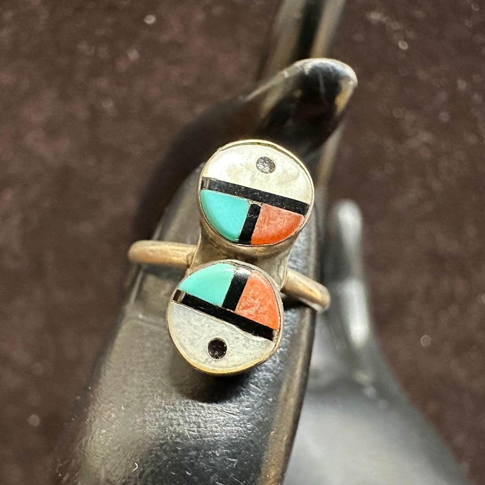 Zuni Style Silver Two Panel Sunface Inlay Ring - 2