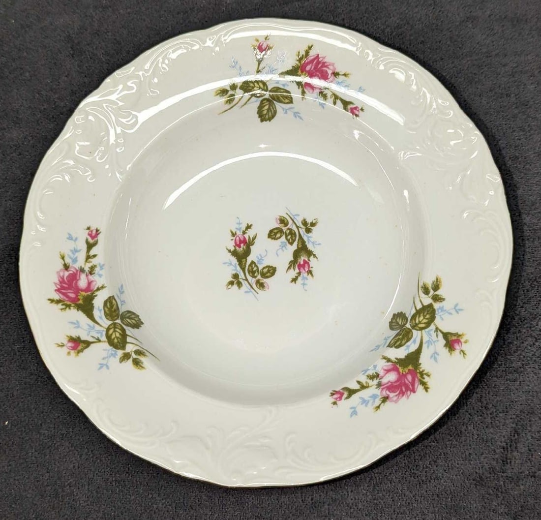 3 Retired Royal Kent China Soup Bowls B: 3 Retired Royal Kent China Soup Bowls B. This is approx 8" x 1 1/2" x 8" and it weighs 2.06 lbs. The bowls have no chips or cracks. There are some markings.