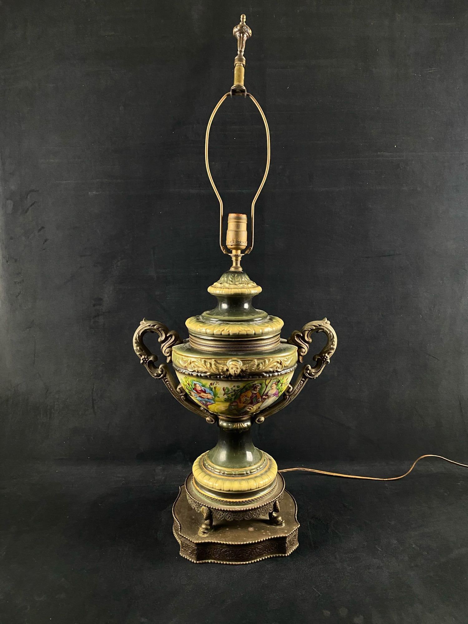 Antique Ornate Victorian Hand Painted Ceramic & Brass Vase Lamp #2 (1 of 12)