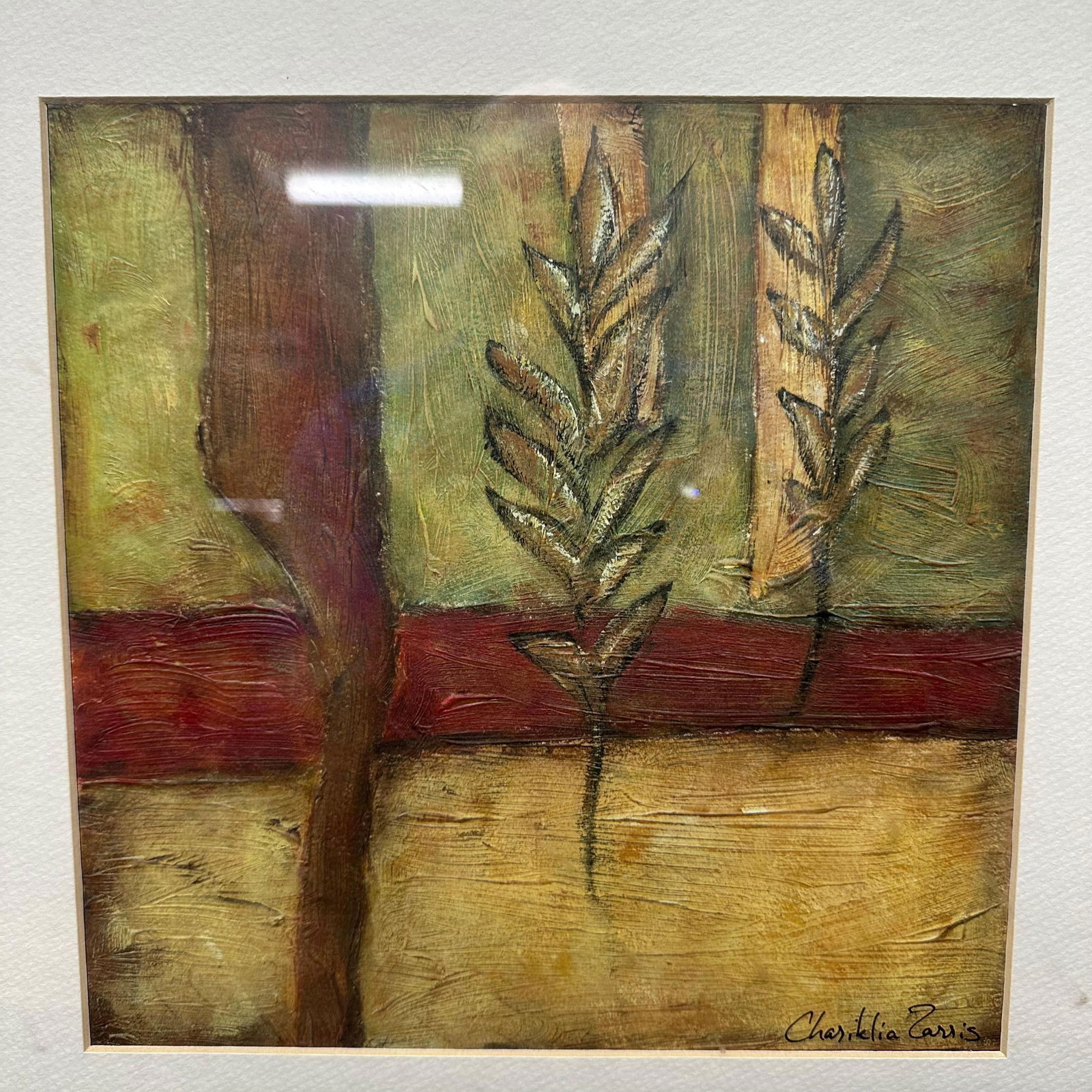Chariklia Zarris Abstract Botanical Mixed Media Artwork Print Framed Shenandoah V: Original abstract botanical mixed media artwork print by Chariklia Zarris, depicting stylized plant forms in an earthy palette of greens, ochres, reds, and browns. The composition features layered