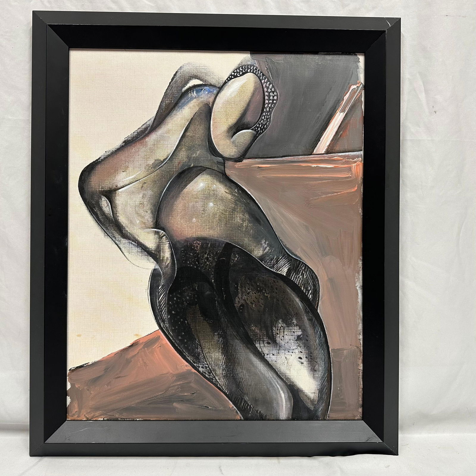 Framed Abstract Figurative Painting with Spanish Inscription Signed Dedication on Verso: Original abstract figurative painting on canvas, depicting a stylized female form rendered in muted earth tones, black, gray, and soft blush hues. The composition emphasizes fluid lines and