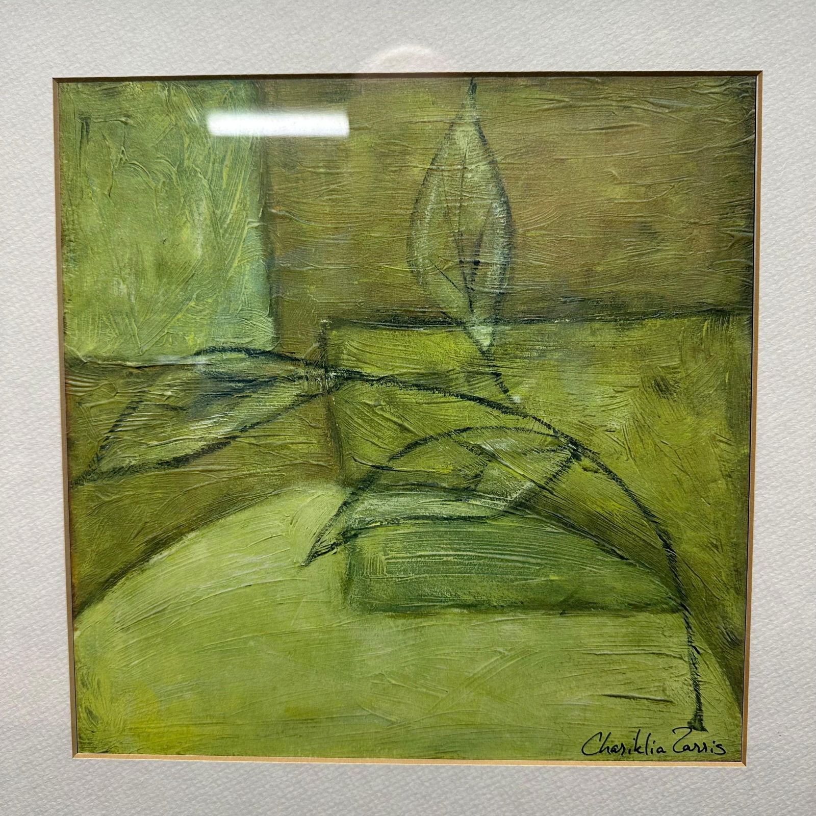 Chariklia Zarris Earthly Abstract Botanical Mixed Media Artwork Print Framed Shenandoah III: Original abstract botanical mixed media artwork print by Chariklia Zarris, depicting stylized plant forms in an earthy palette of greens, yellows, and darker tones. Print signed lower right. Verso