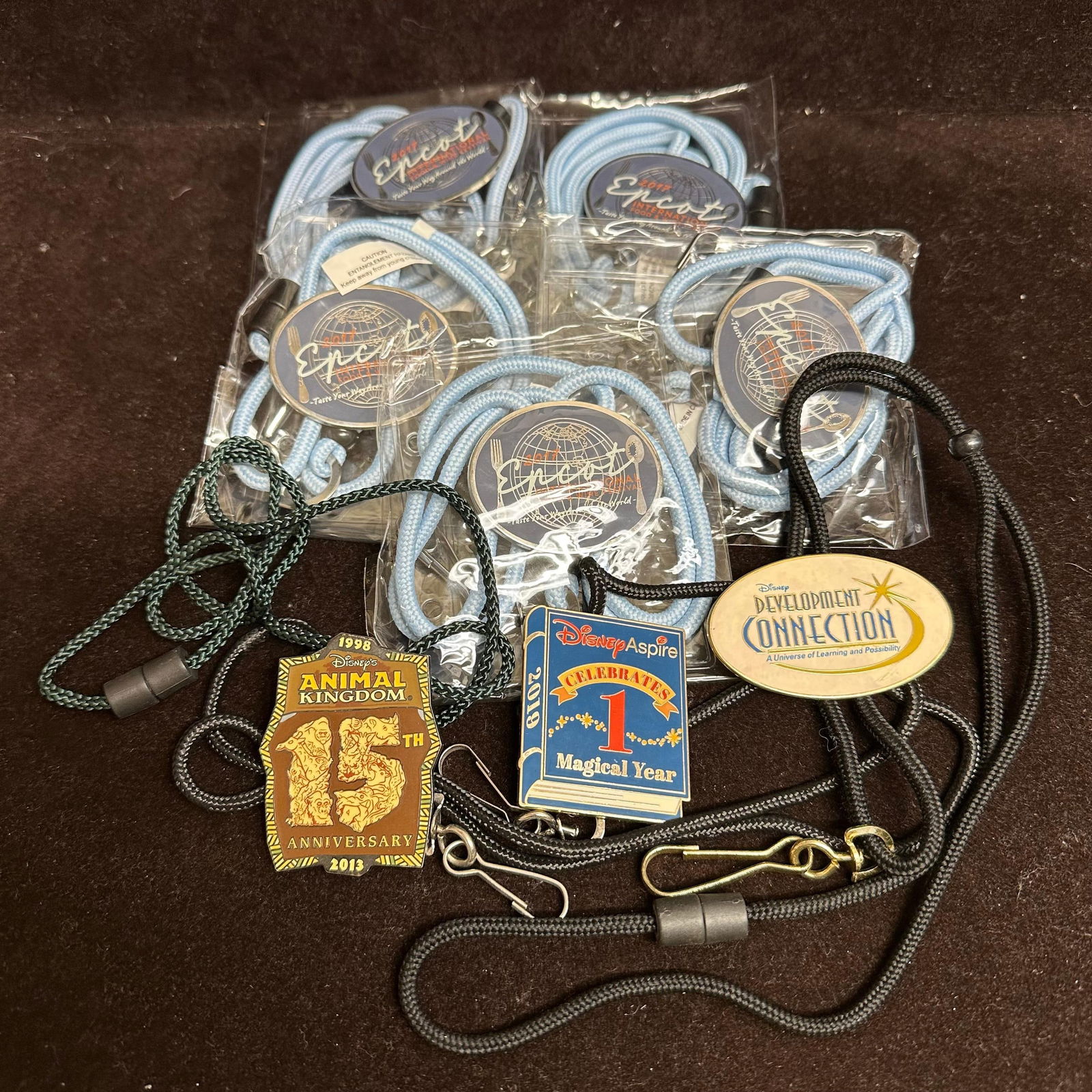 Assorted Disney Event and Cast Member Lanyards Bolo Tie and Medallions Lot of Eight: Mixed lot of Disney event and cast member bolo tie lanyards with attached medallions and badges. Includes multiple sealed Epcot International Food and Wine Festival lanyards, light blue cords, unopene