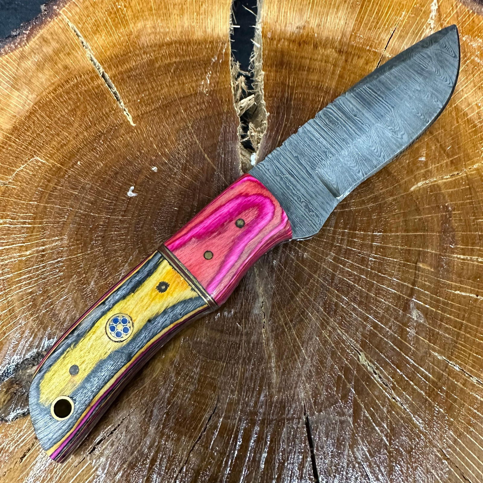 Curved Fixed Blade Knife MHS Cutlery Pink Gray P33: Fixed blade knife by MHS Cutlery featuring a patterned steel blade. The handle is constructed with multi-tone stabilized material in pink and gray hues, accented with mosaic pins and a lanyard hole at