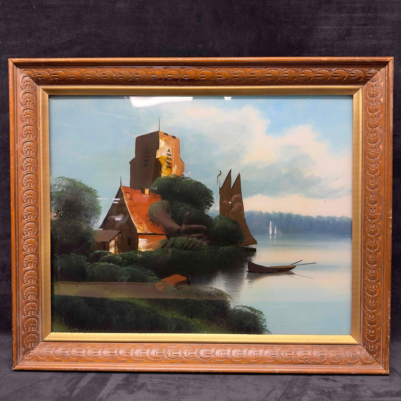 Mid Century Modern Water Landscape Oil Painting on Glass Artwork Framed Mother Of Pearl Inlay Art: Mid Century Modern Water Landscape Oil Painting on Glass Artwork Framed Mother Of Pearl Inlay Art. This framed art piece features an oil painting on glass. There is a mother of pearl inlay showcased o