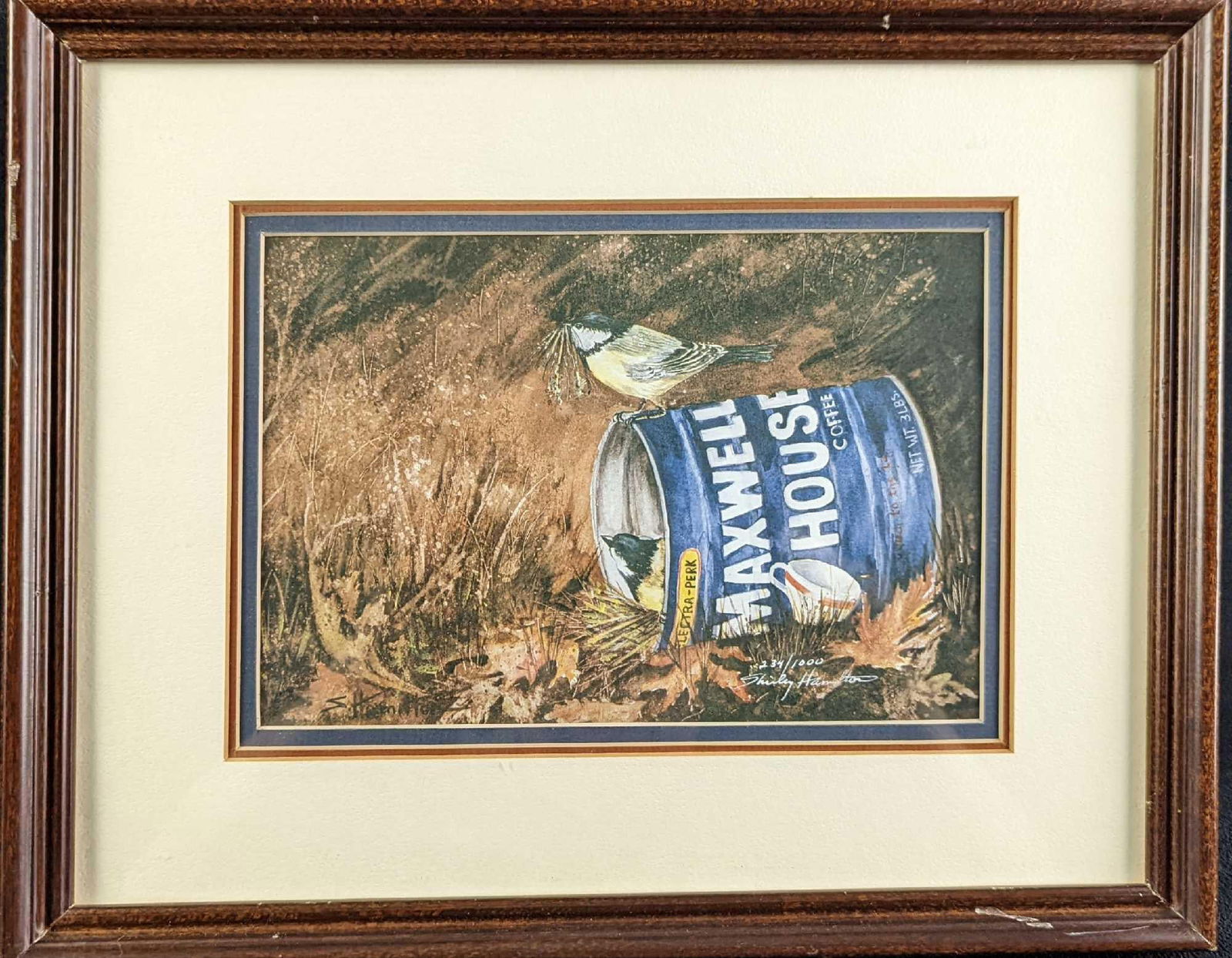 F18 Framed Shirley Hamilton Little Birds LE Print: Here is an adorable print of two little birds that have taken up residence in an old Maxwell House coffee tin. The print is signed and numbered by the artist on the bottom right of the print. The fram