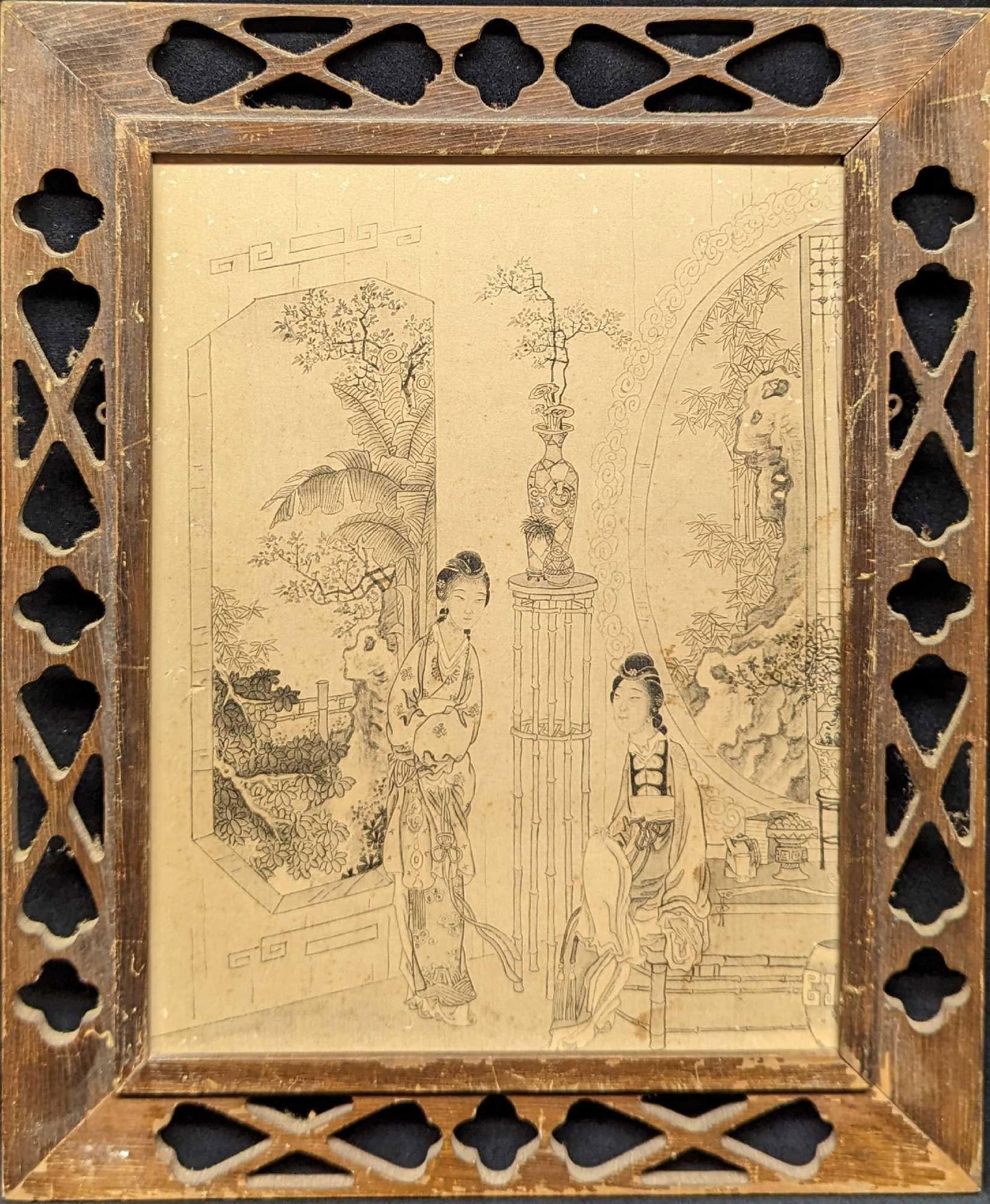 1930s Framed Asian Ladies & Vases Print (1 of 6)