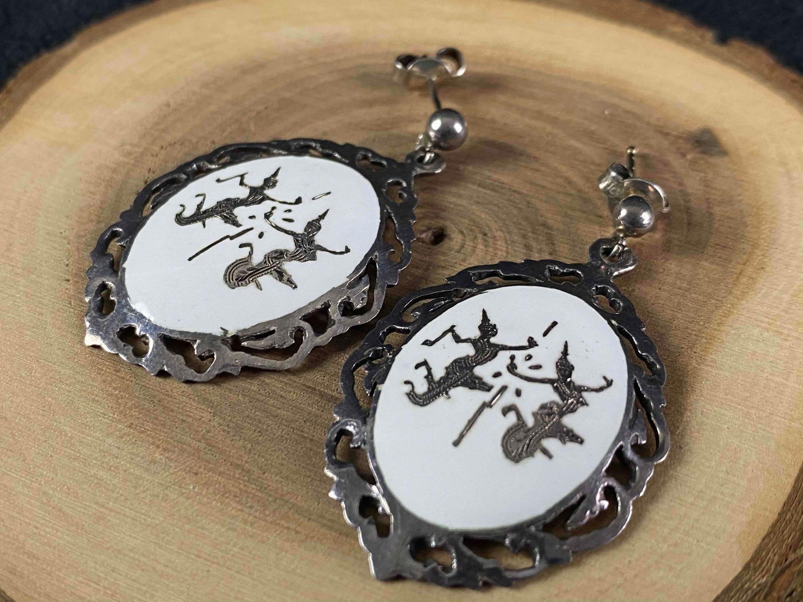 Antique Amfarco Siam Dancer White Enamel Earrings: This fine piece of vintage jewelry has been researched and tested . Please review all our pictures they are part of our description . Happy Bidding Metal - Sterling 925 Color - Silver Maker - Unknown