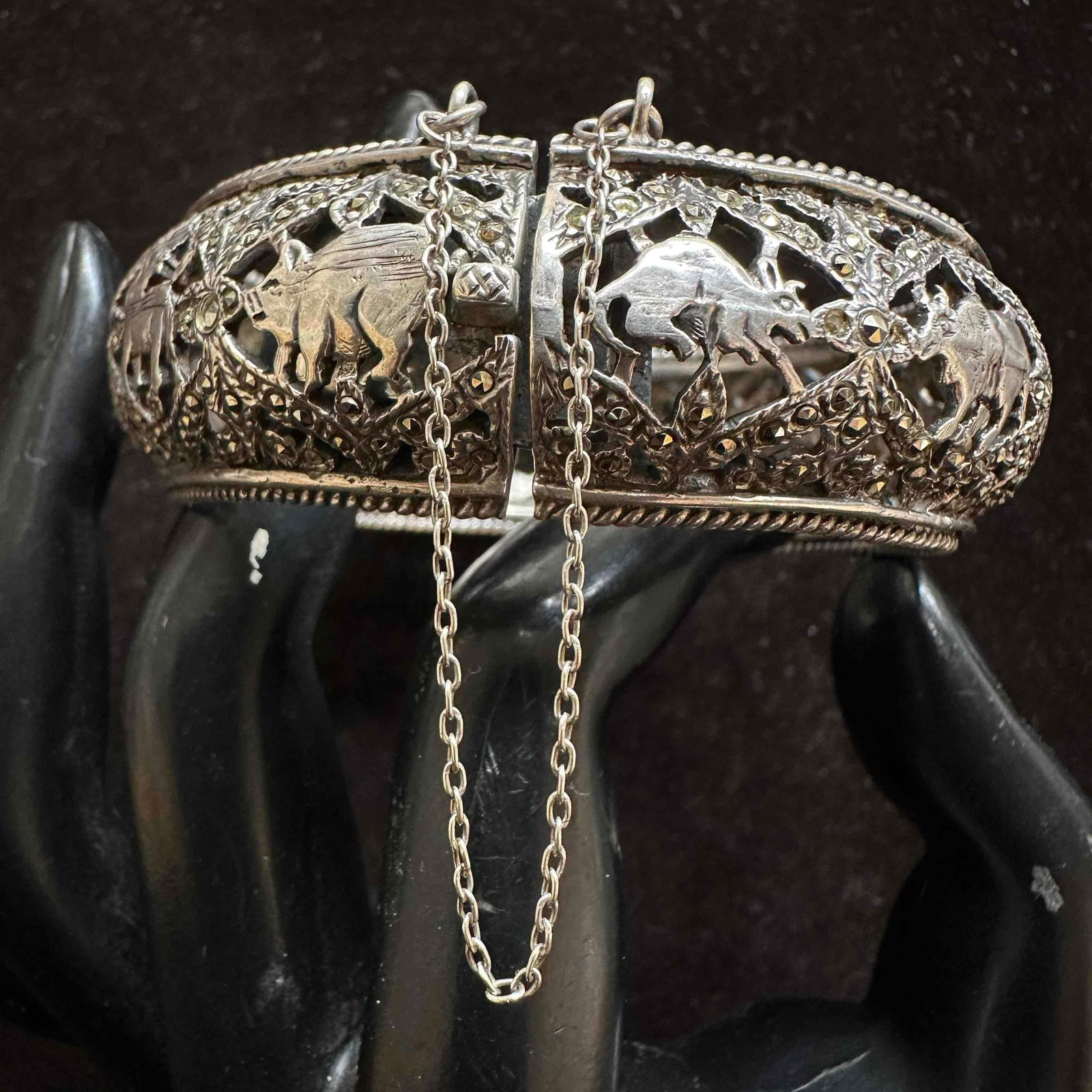 Animal Marcasite Gemstone Sterling Silver Hinged Cuff Bracelet (1 of 10)