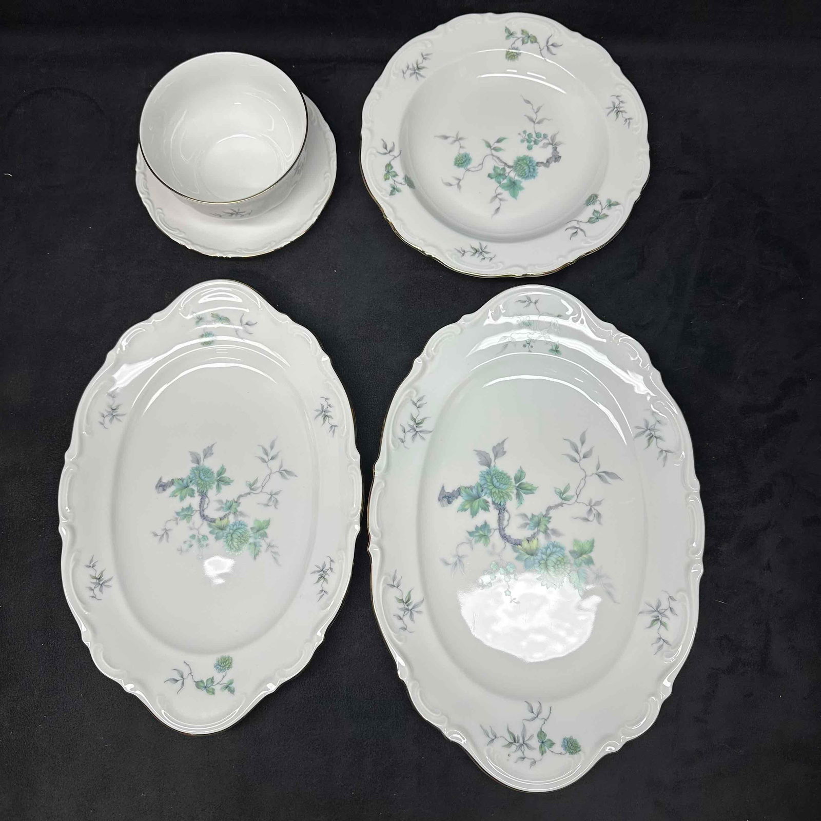 Green Ming Mitterteich Bavaria Germany Serving Dish Set Soup Bowl: Light wear noticed along the bottom of each piece, no chips, cracks, or breaks in the porcelain. This set includes four pieces a soup bowl with attached plate, one bowl, one medium serving plate, and