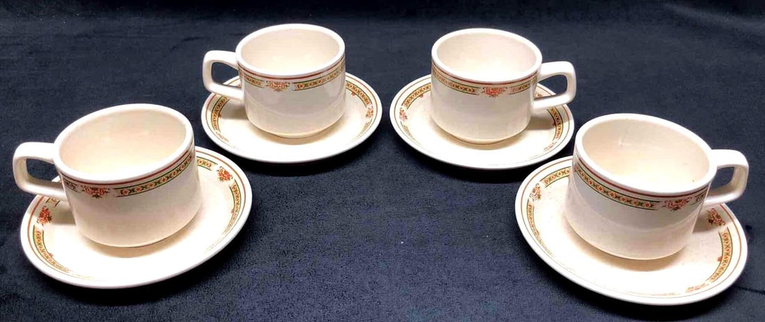 Lenox Temper Ware "Coral Blossoms" Cup & Saucer (4): 4 Vintage Lenox Temper Ware Cup & Saucer Sets in "Coral Blossoms" Pattern. Freezer to Oven to Table to Dishwasher. Made in USA. Each Cup is approximately 4-1/2" x 3-1/2" x 2-3/4" and each saucer is ap