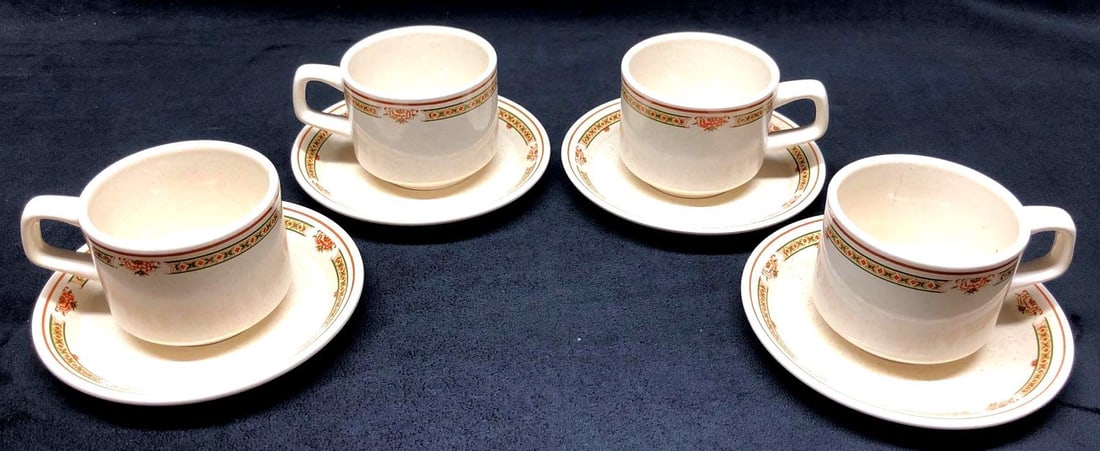 Lenox Temper Ware "Coral Blossoms" Cup & Saucer (4): 4 Vintage Lenox Temper Ware Cup & Saucer Sets in "Coral Blossoms" Pattern. Freezer to Oven to Table to Dishwasher. Made in USA. Each Cup is approximately 4-1/2" x 3-1/2" x 2-3/4