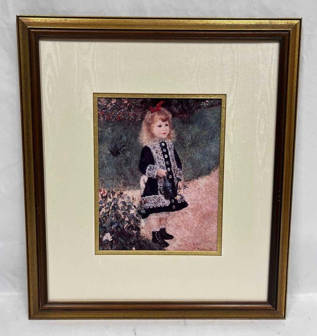 Framed Print Of Renoir's Impressionist Oil Painting "A Girl With A Watering Can": This lot contains a Framed Print Of Renoir's Impressionist Oil Painting "A Girl With A Watering Can". The frame is approx 18 1/4" x 16 1/4". Total weight is approx 1lb. Overall the print is in good pr