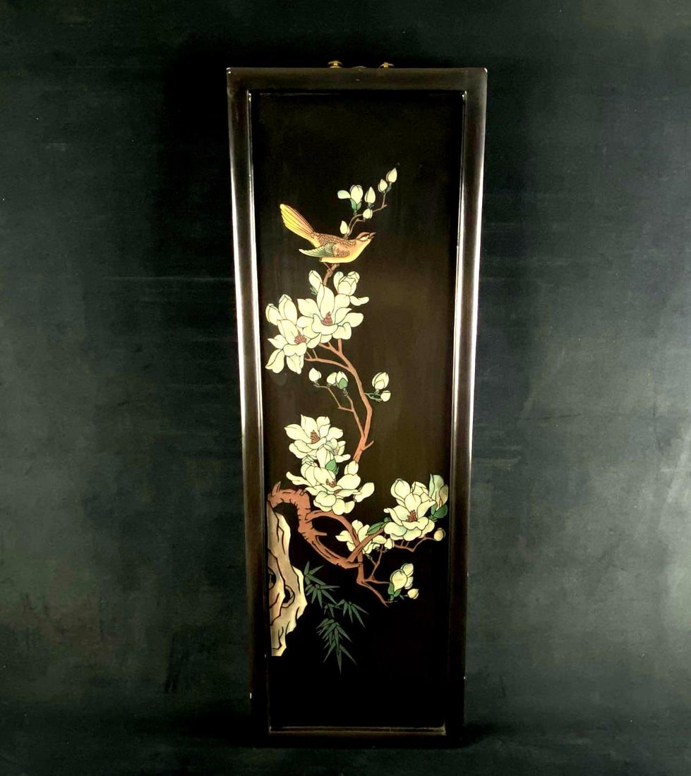 Vintage Chinese Signed Black Lacquer Hand Painted Carved Bird Wall Panel #1: Vintage Chinese Signed Black Lacquer Hand Painted Carved Bird Wall Panel #1 This # 1 of 3 classic Chinese black lacquer wall panel is in good condition with some scuffs and nicks to the outer wood