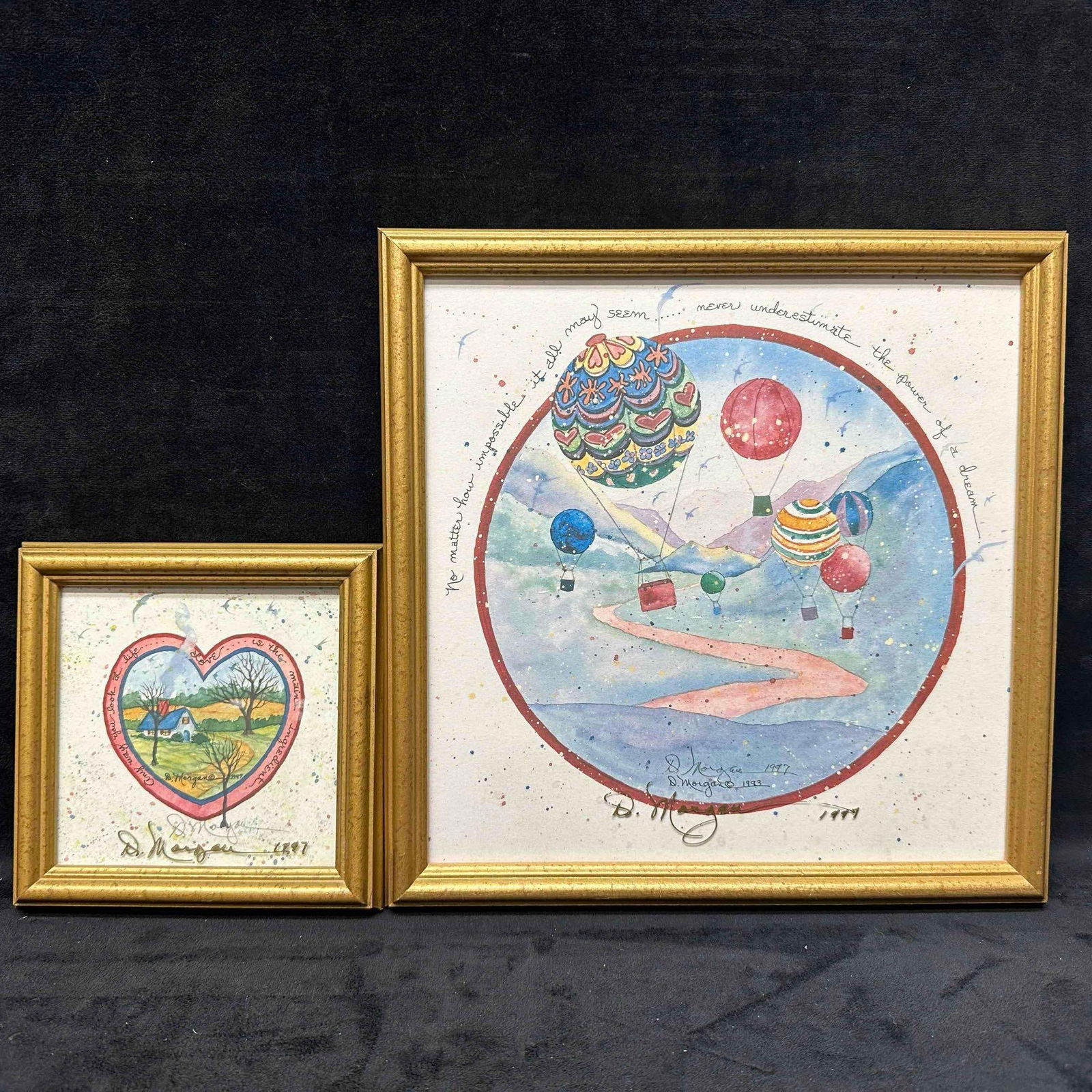 D. Morgan Signed Framed Art Prints The Power of a Dream and Still be Loving You Set: Signed by the artist on the print as well as on the frame in gold ink, D. Morgan 1997. These items are in pre owned, previously displayed condition with light wear, and surface scratches. Please see