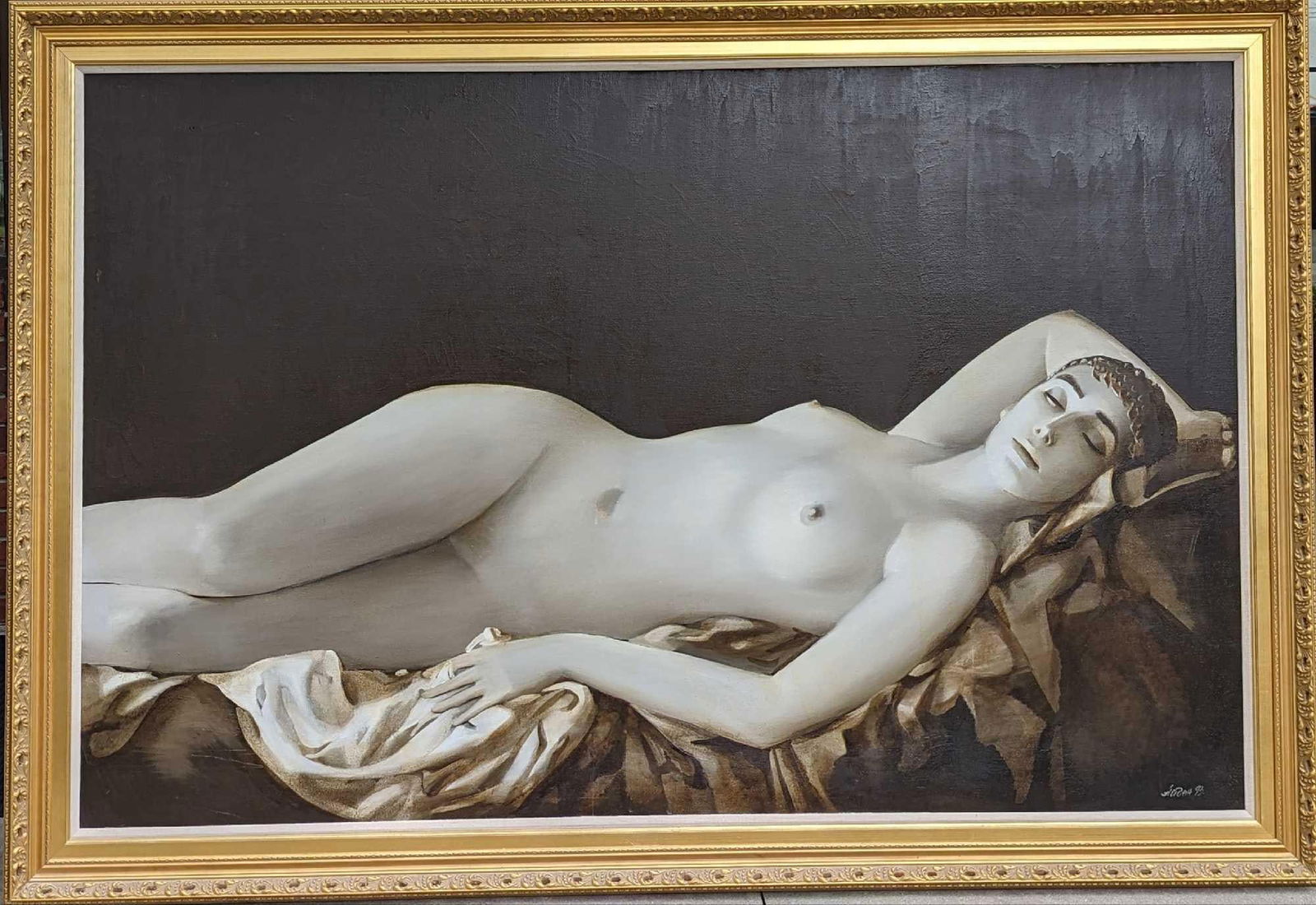 Framed Large Original Acrylic On Canvas Nude Woman: Framed Large Original Acrylic On Canvas Nude Woman. Is approx 83" x 4" x 56 1/2" and it weighs 38lbs. The framed original is signed and dated by the artist on the bottom right. The backing paper is