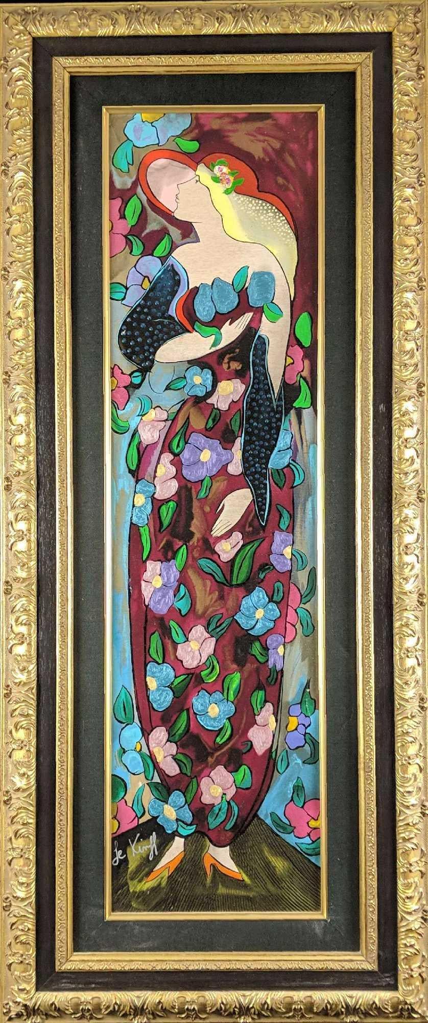 Embellished LE Serigraph By Linda Le Kinff W3: Rare Embellished Limited Edition Serigraph On Wood By Linda Le Kinff. This shows a woman wearing a dress who looks up while flowers slowly float down. This is a limited edition print (#75 out of