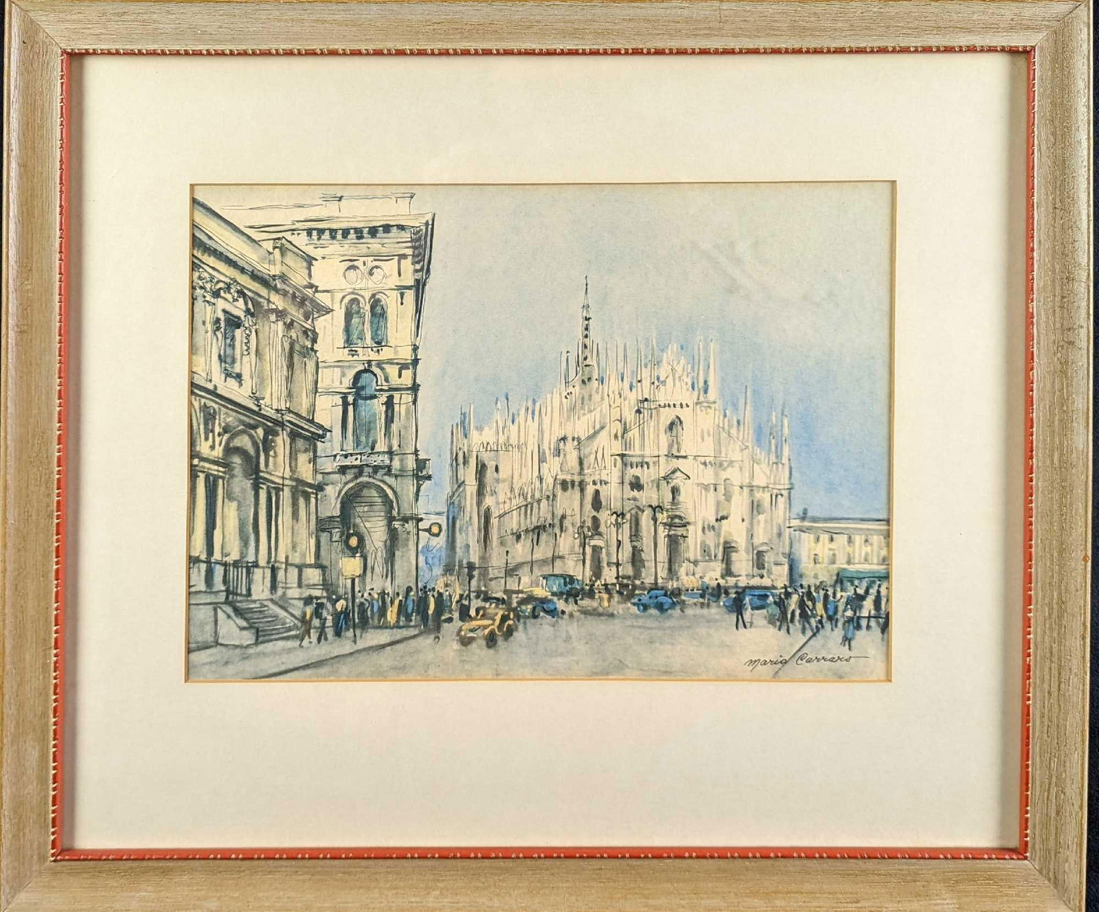 JB Framed Mario Carraro Milan Cathedral Print: Matted & framed watercolor print of the Milan Cathedral by Mario Carraro. The framed print is approx 20" x 1" x 17" and it weighs 3.5lbs. The print/image is approx 13" x 9 1/2". The framed print
