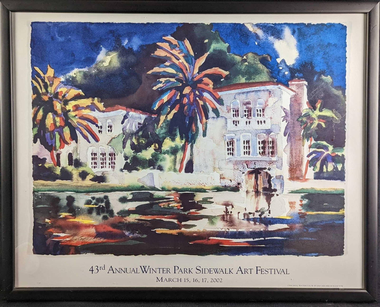 Framed "43rd Annual Winter Park Sidewalk Art Festival" Jim Gerard Holehouse Poster Print: Framed "43rd Annual Winter Park Sidewalk Art Festival" Jim Gerard Holehouse Poster Print. The poster print was signed near the bottom left. The framed poster is approx 29 1/2" x 1 1/4" x 23" and it we