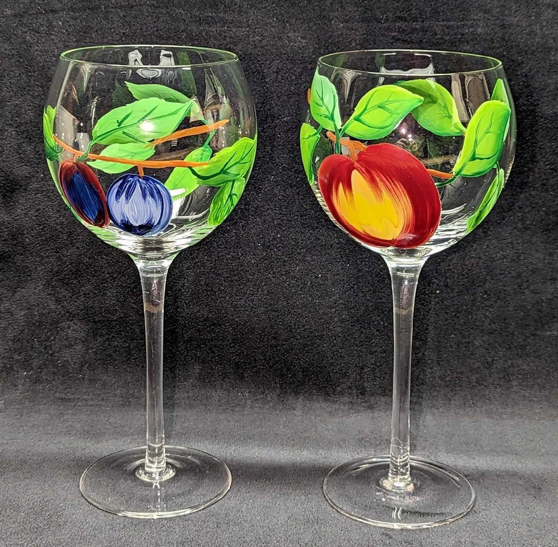 2 Tall Stem Hand Painted Fruit Wine Glasses: 2 Tall Stem Hand Painted Fruit Wine Glasses. Its maker and date of creation are unknown. Each glass is approx 4" x 4" x 8 1/2" and the total weight is 0.75lb. The glasses are in a good, used
