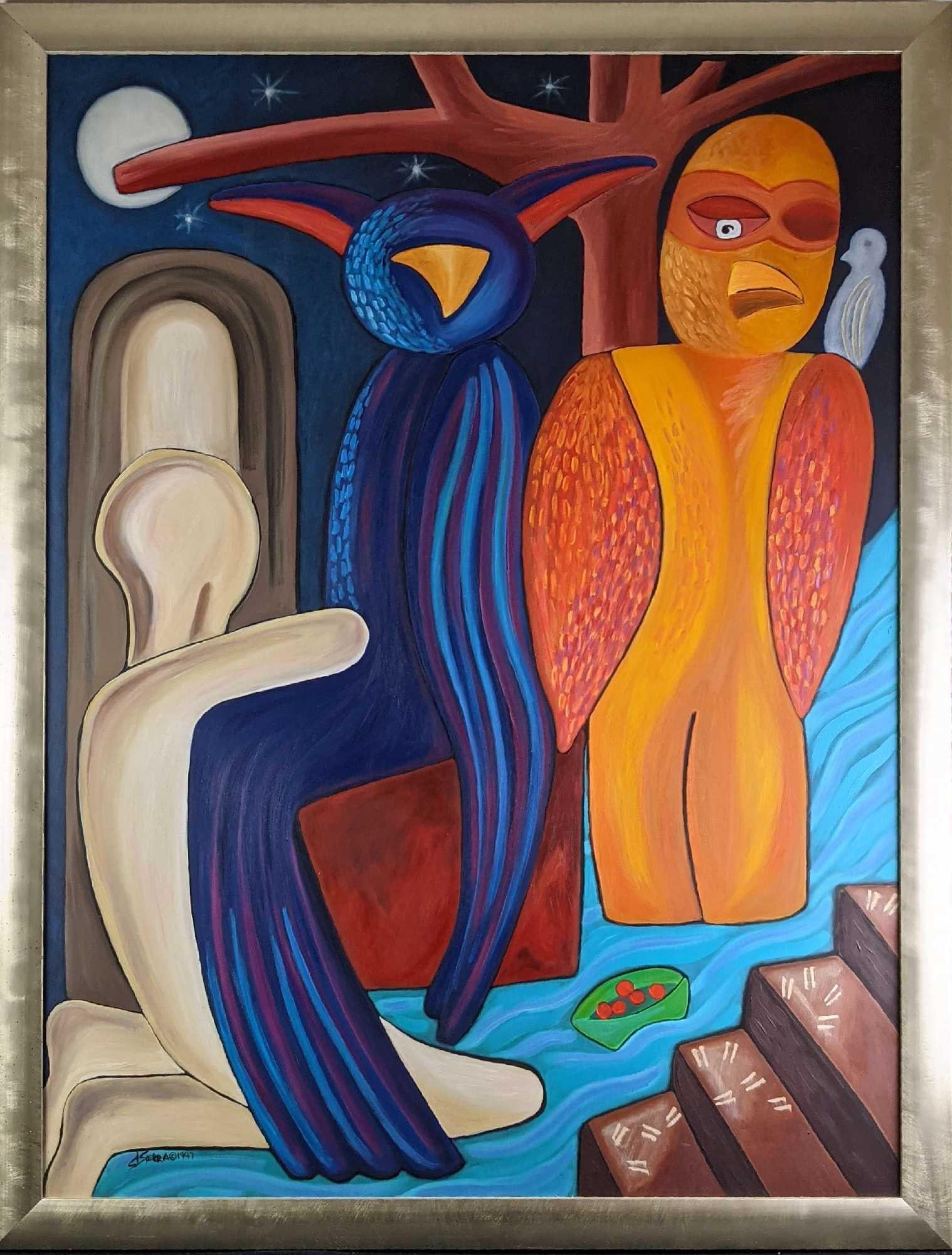 Framed Original Dania Sierra Mixed Media Painting "The Deluge". Acrylics/Oil On Canvas: Framed Original Dania Sierra Mixed Media Painting "The Deluge". Acrylics/Oil On Canvas. The framed original is approx 40" x 1" x 52" and is in a good, used condition with some