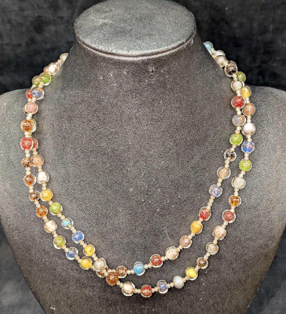 Vintage Italian Murano Colorful Art Glass Bead Necklace TTT: Vintage Italian Murano Colorful Art Glass Bead Necklace TTT. Glass beads with hand painted designs. Is approx 42" and it weighs 0.17lb.