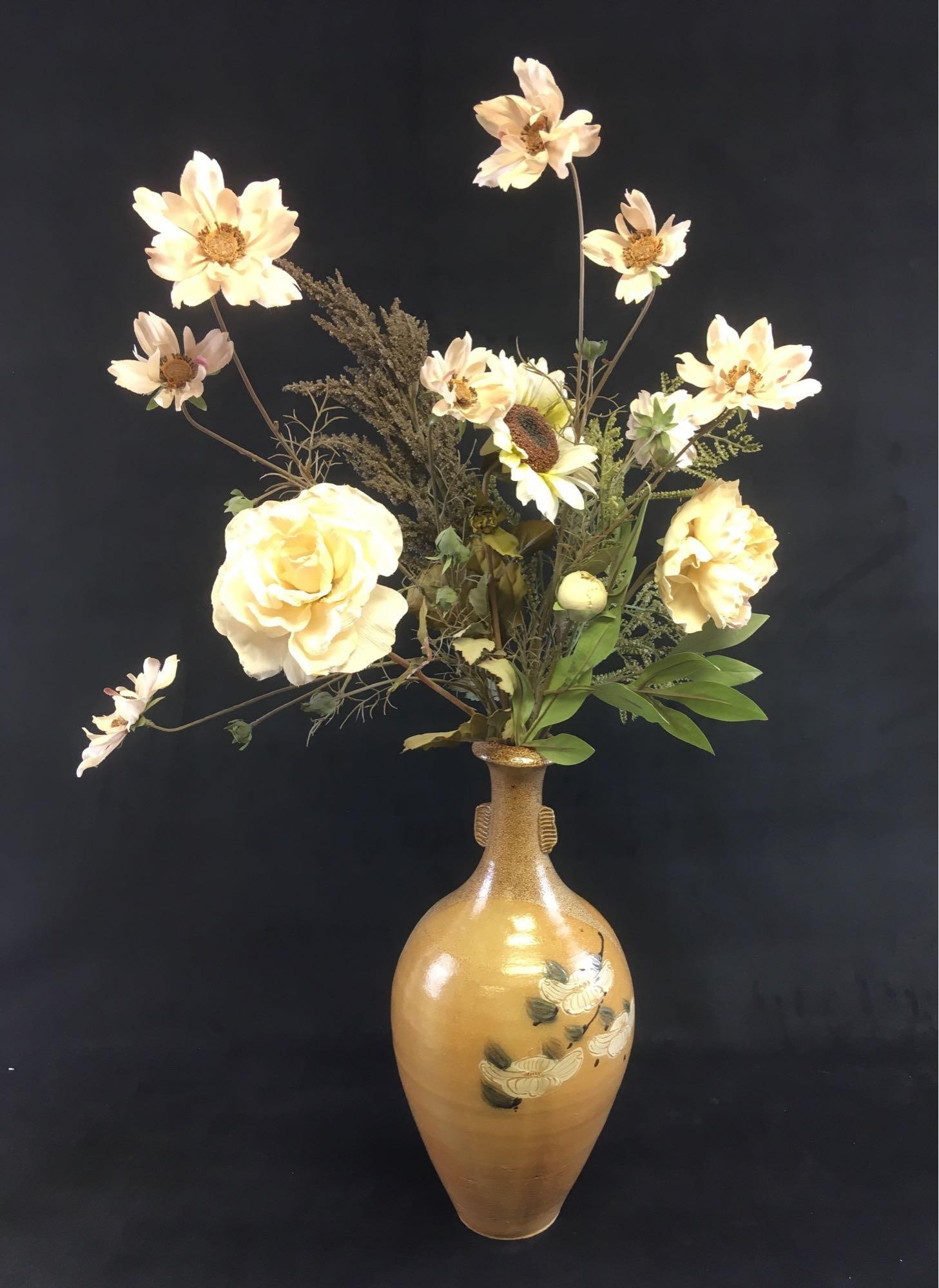 Large Rock Hard Salt Glaze Stoneware Vase Marked PM: Large Rock Hard Salt Glaze Stoneware Vase with Faux Flower Display, Marked; a large amphora style jug vase marked including the stamped initials "PM" (Paul Morris). The vase shows a carved floral desi