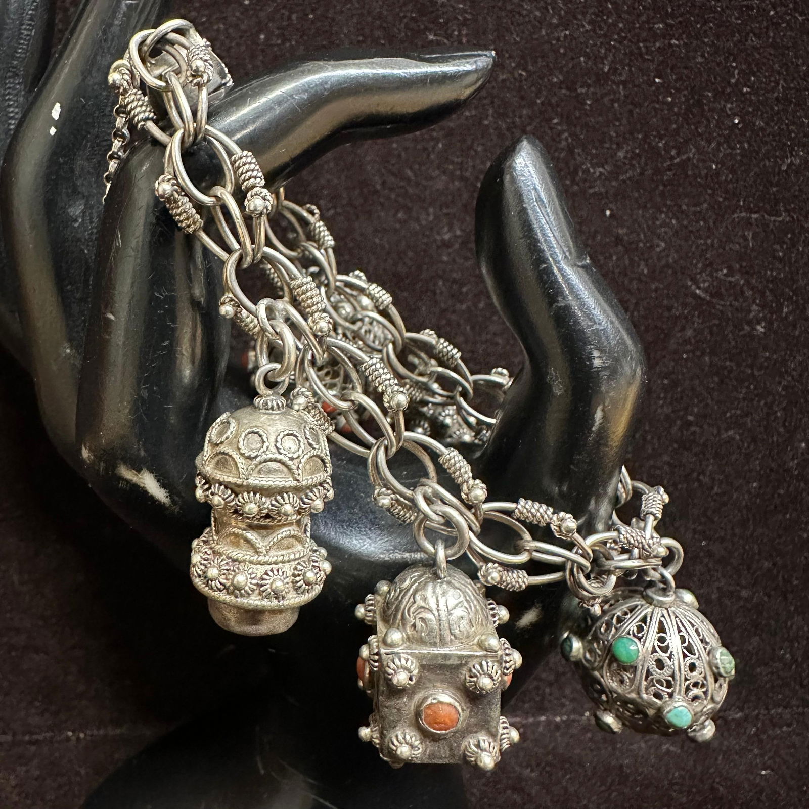 Antique 800 Silver Etruscan Revival Style Locket Clam Design Multi Charm Bracelet (1 of 7)