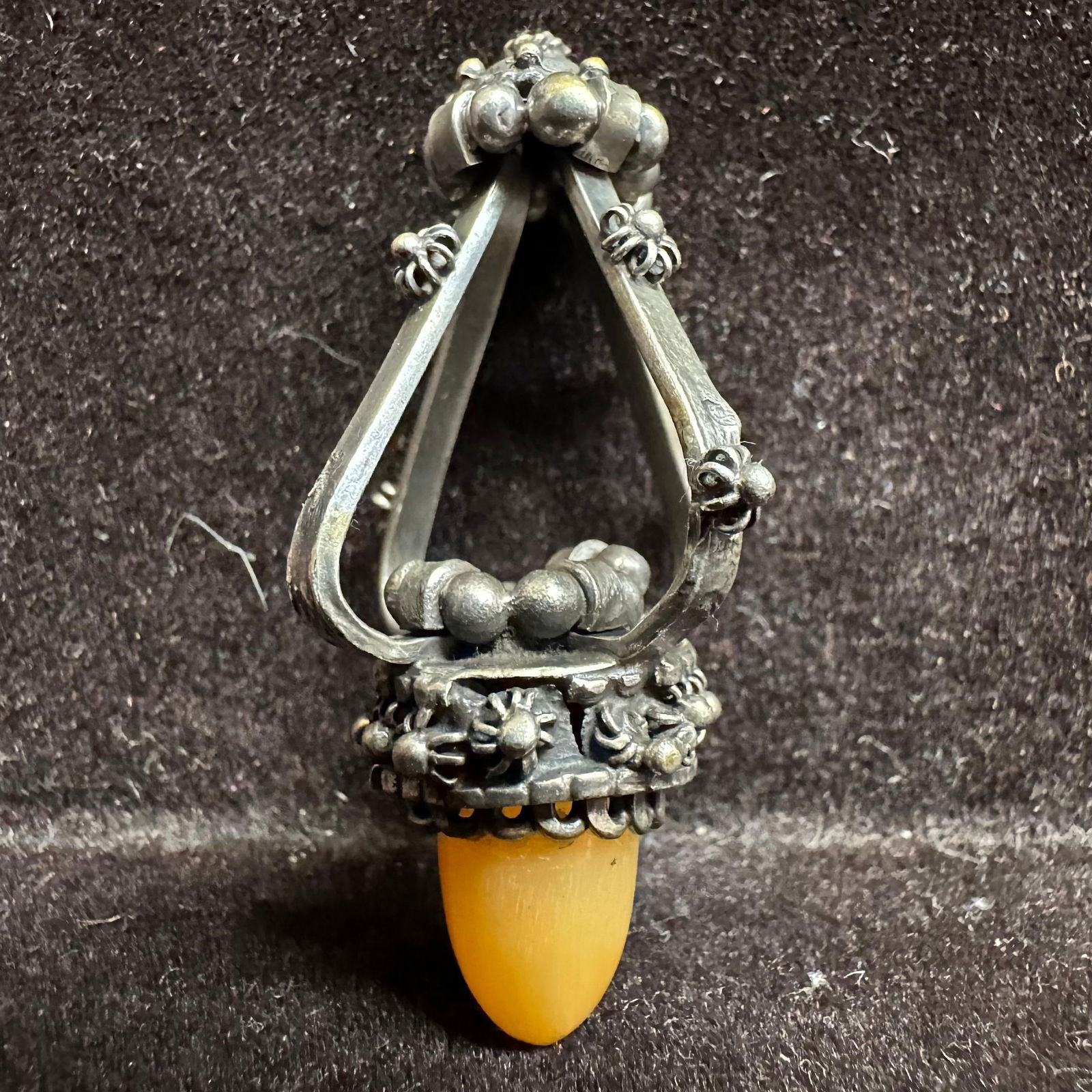 Ornate Filigree Butterscotch Amber Charm T62 Etruscan Revival Style: This item is in good pre-owned, previously used/displayed condition with noticeable light wear and surface scratches. Please reference all photos for full details. This piece of jewelry has been teste