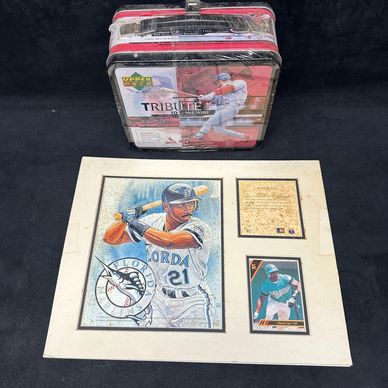 Upper Deck 1999 Tribute to Mark McGwire Lunch Box Tin and 1994 Chuck Carr Florida Marlins Print and (1 of 5)
