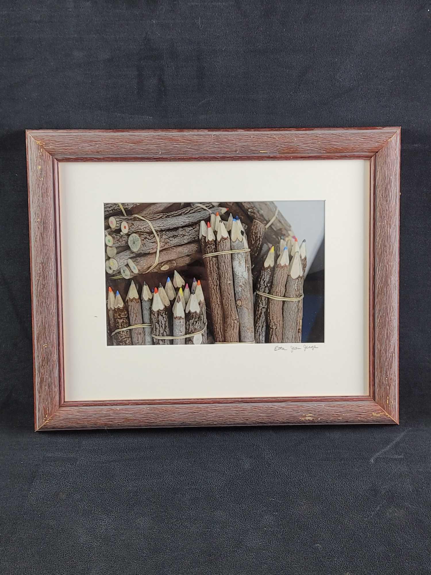 Colored Pencils Fuel Fire Photograph Etta Jean Juge: Certainly makes you look twice. Awesome photograph, by Etta Jean Juge, is matted, framed, and signed. It is ready to hang. In good condition, with some scuffs on the frame. Approx. measures 16 1/2"