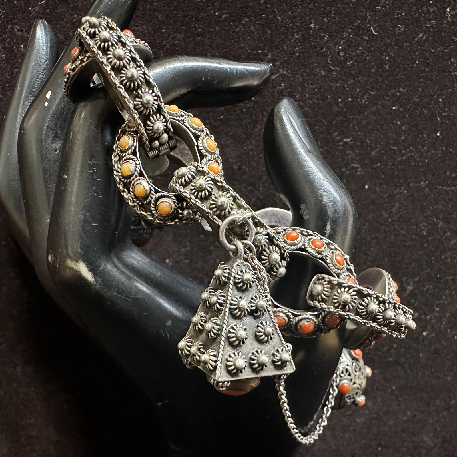 Antique After Ottoman Yemeni Tribal Style Silver and Coral Filigree Charm Solid Bracelet: This item is in good pre-owned, previously used/displayed condition with noticeable light wear and surface scratches. Please reference all photos for full details. This piece of jewelry has been teste