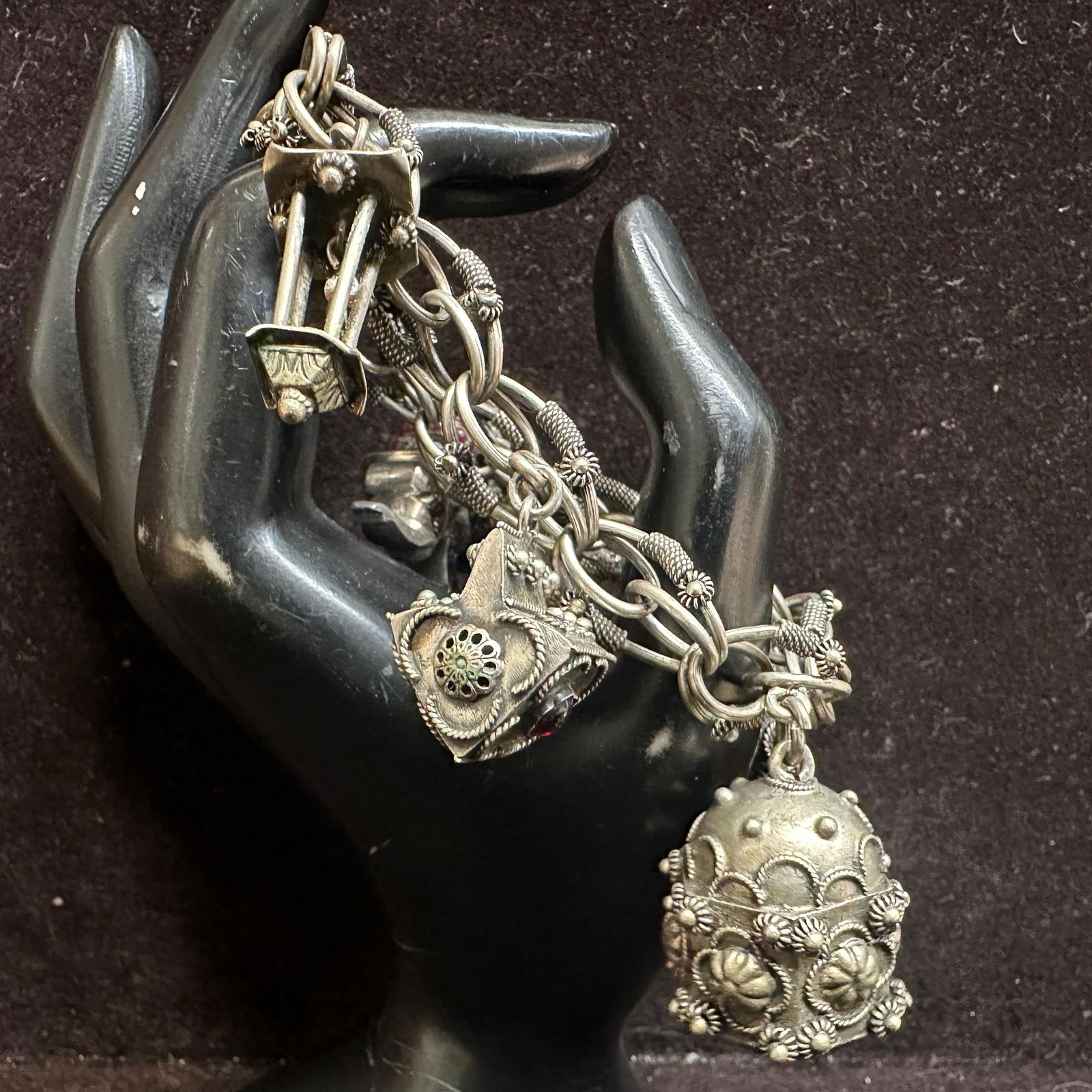 Etruscan Revival Style Figural Charm Stone and Glass Cabochons Silver Bracelet Elephant: This item is in good pre-owned, previously used/displayed condition with noticeable light wear and surface scratches. Please reference all photos for full details. This piece of jewelry has been teste