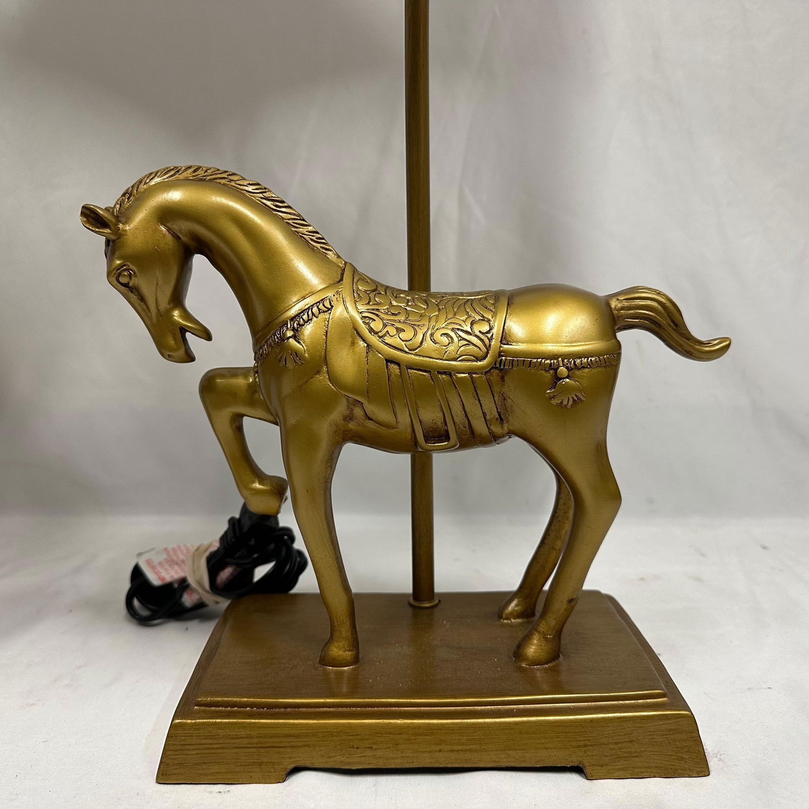 Gold Resin Horse Motif Table Lamps with White Drum Shades (1 of 8)