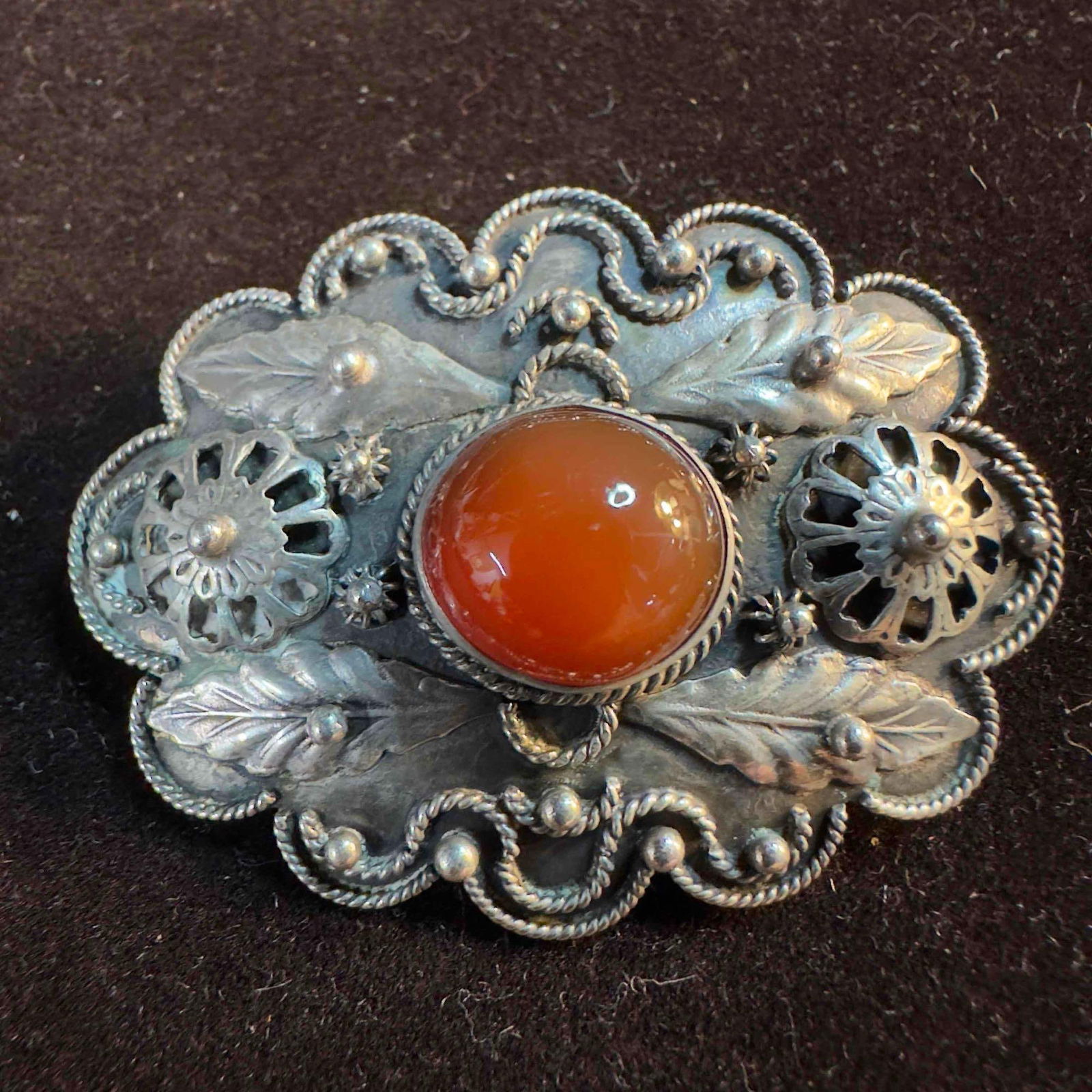 Carnelian Sterling Silver 800 Ornate Brooch B84: This item is in good pre-owned, previously used/displayed condition with noticeable light wear, and surface scratches. Please reference all photos for full details. This piece of jewelry has been