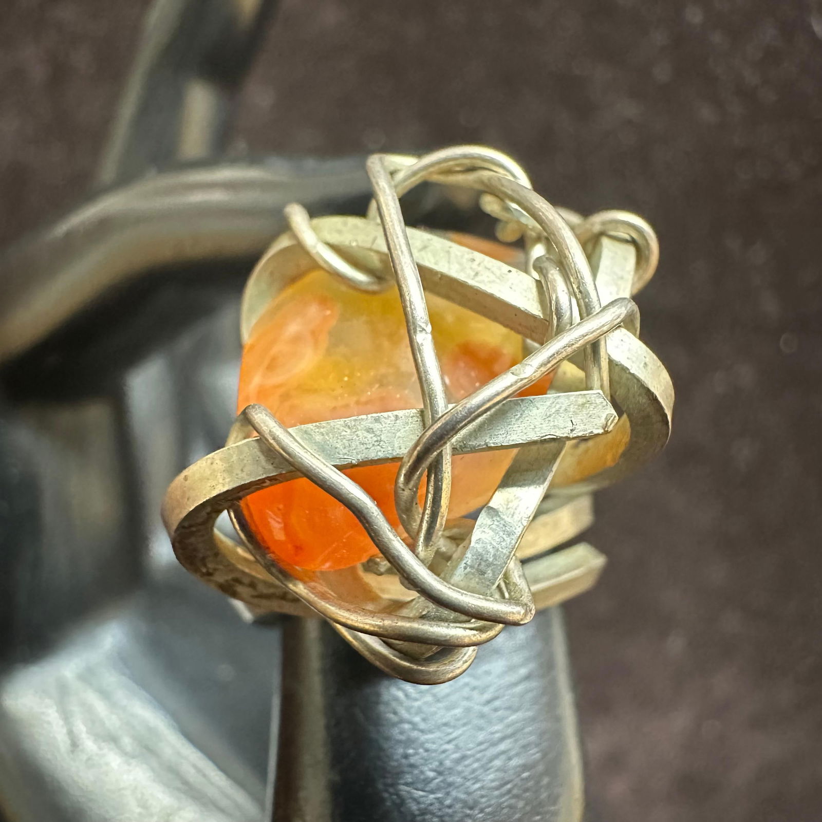 Silverwork Wired Crafted Orange Agate Stone Setting Silver Ring - 10