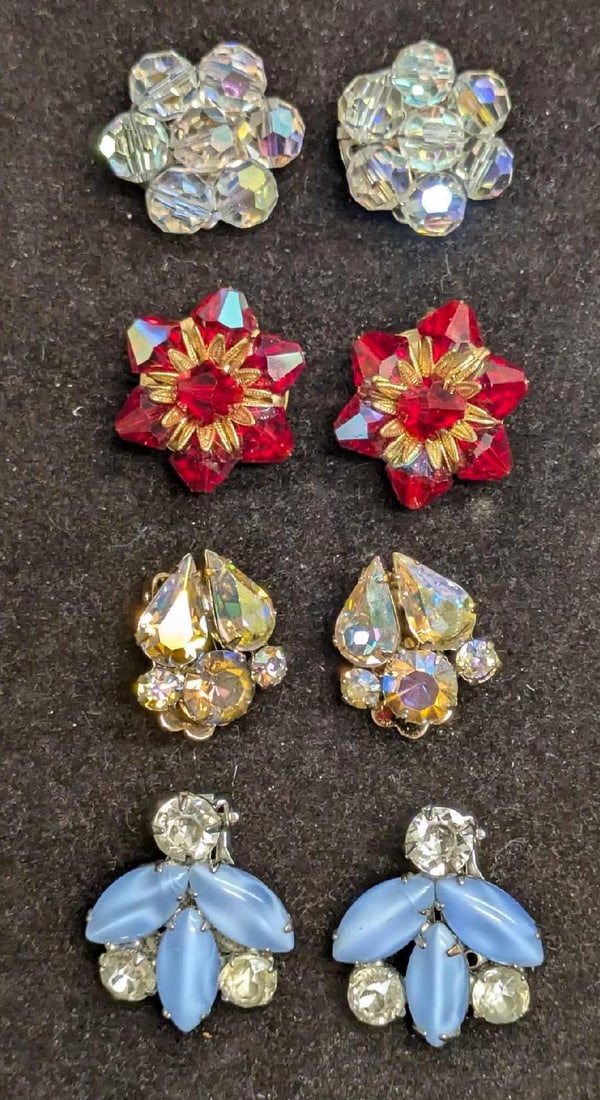 Vintage Gold And Silver Tone Clip On Earrings Coro And Unmarked: Vintage Gold And Silver Tone Clip On Earrings Coro And Unmarked. This lot includes: (1) Set Of Unmarked Silver Tone AB Crystal Cluster Clip On Earrings. Each is approx 1" x 1" x 5/8". (1)