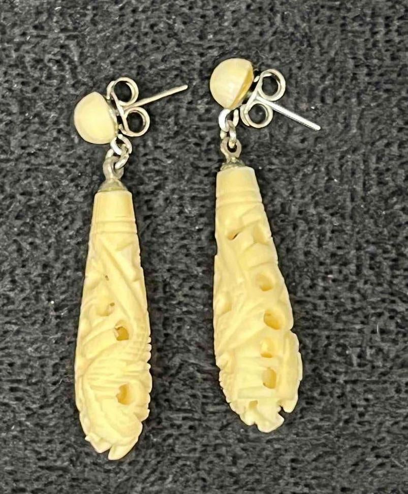 Hand Carved Bone Dangle Earrings - 2