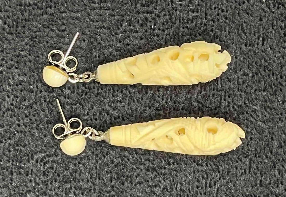 Hand Carved Bone Dangle Earrings - 4
