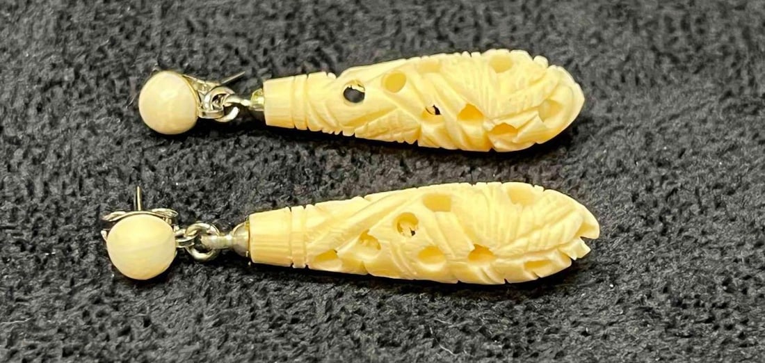 Hand Carved Bone Dangle Earrings - 5