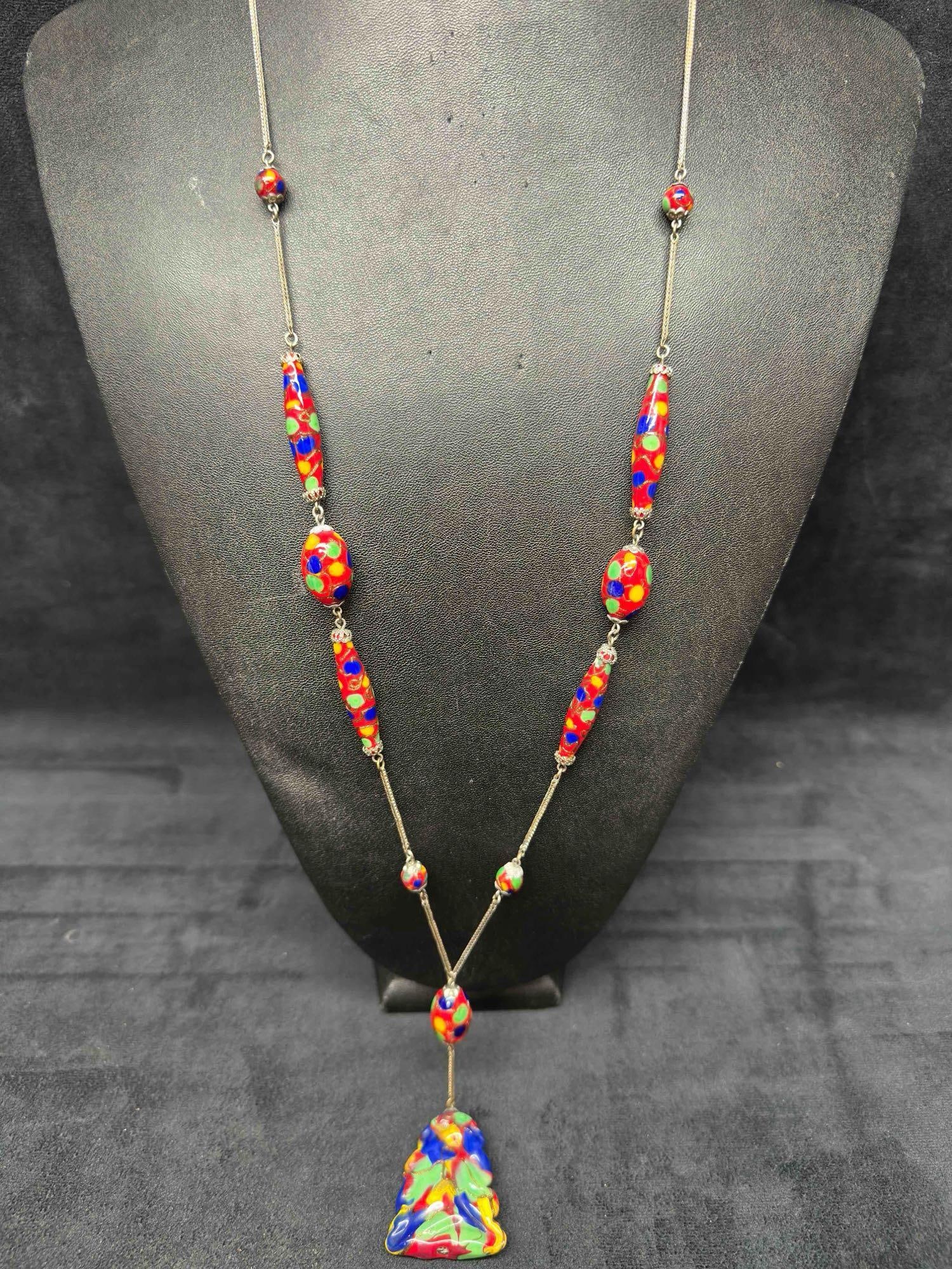 Murano Venetian Lamp Work Art Glass Red Bead Blue Yellow Green Accent Beaded Pendant Necklace F80 (1 of 15)