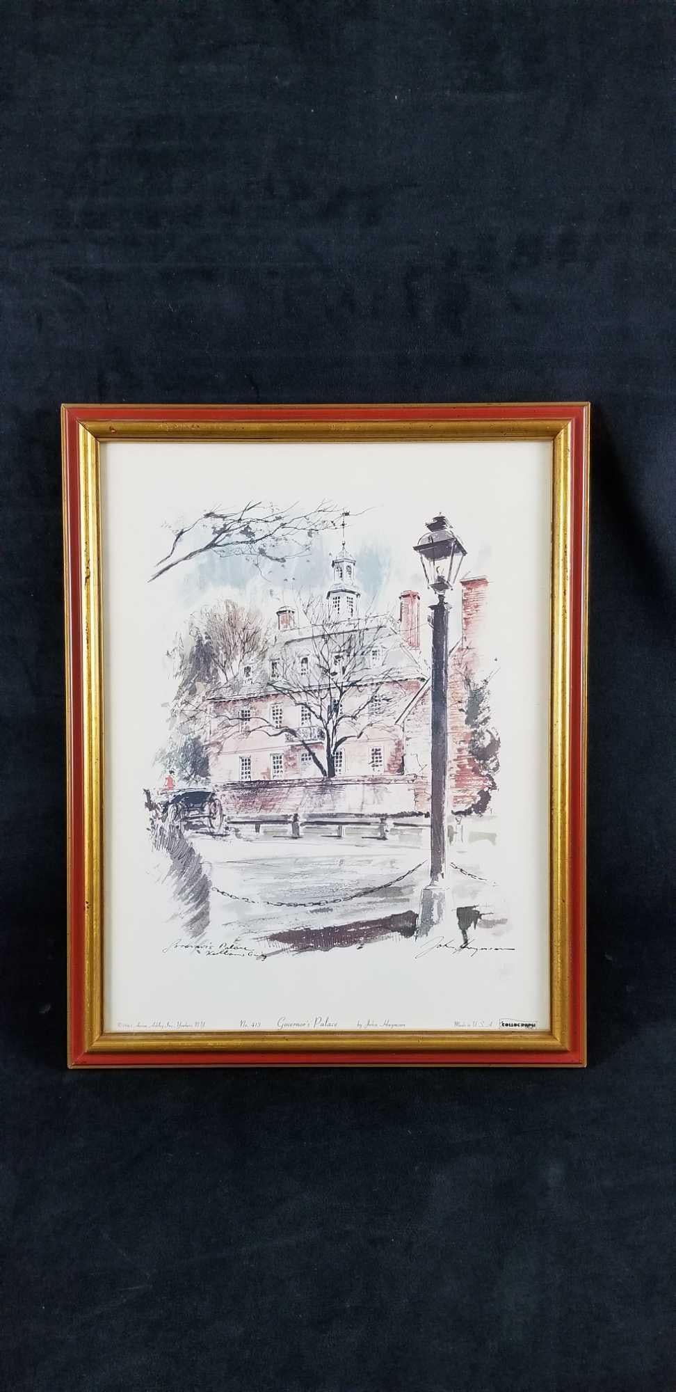 Governors Palace Williamsburg By John Haymson Collagraph Print: Governors Palace Williamsburg By John Haymson collagraph print. This watercolor print is framed in a red and gold tone wood frame. There is a copied signature of John Haymson on the lower
