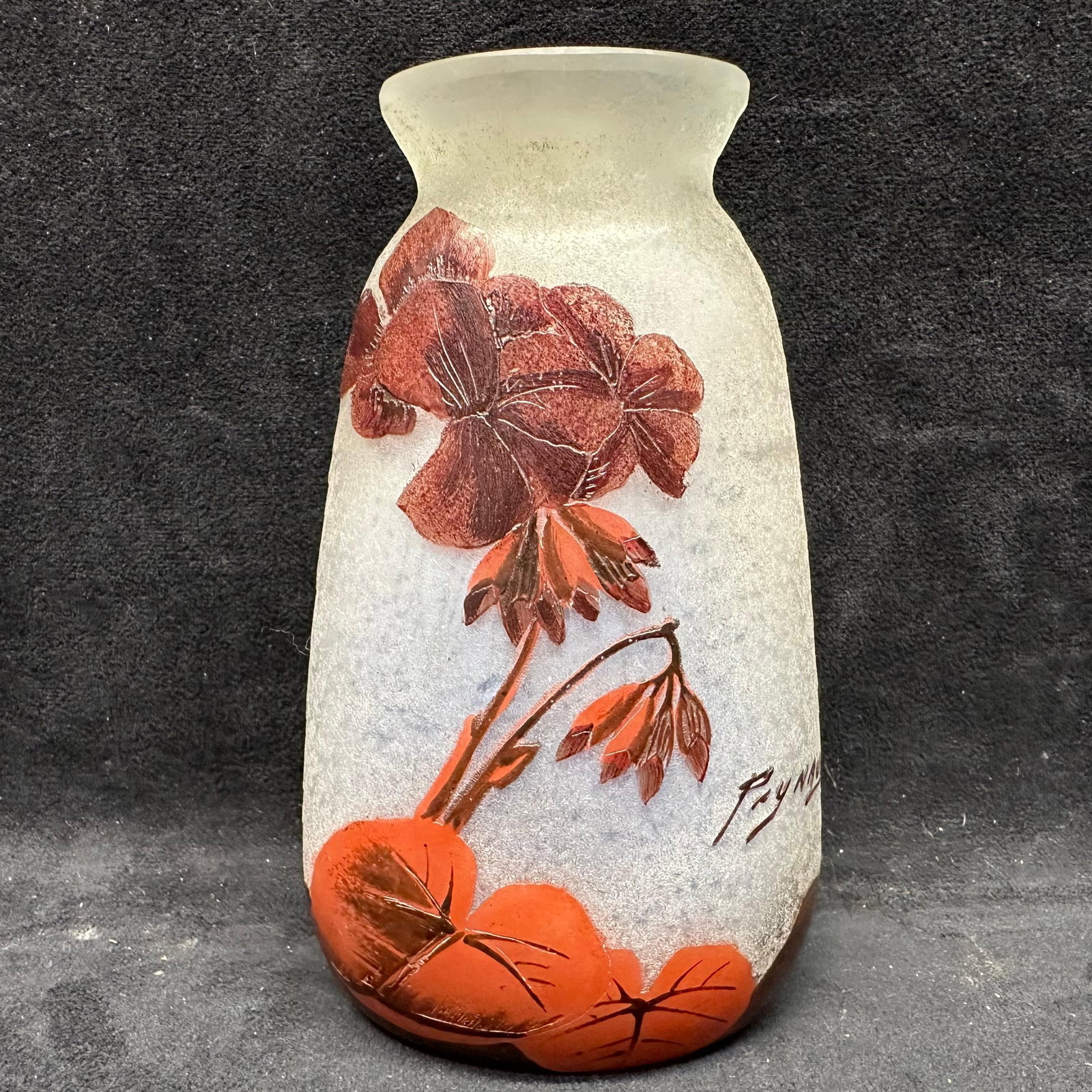 Jean Simon Peynaud Art Nouveau Glass Cameo Vase Orange Brown Floral Decor: Frosted art glass vase decorated with hand-painted floral motifs in rust, brown, and orange tones. Signed Peynaud near the base. Tapered form with flared rim. Believed to be the work of Jean Simon