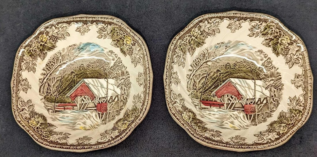 2 Retired Friendly Village Cereal Bowls JB A: 2 Retired Friendly Village Cereal Bowls JB A. This retired series of fine china was released by the Johnson Brothers, from the year 1953 to the year 2003. Each bowl is approx 6 1/8" x 6 1/8" x 1
