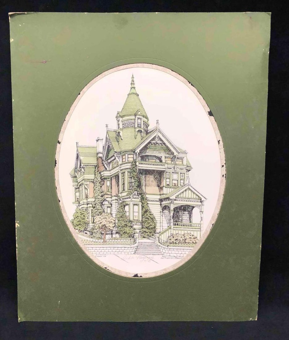 Haas-Lilienthal House Lithograph Signed By Debbie Patrick 1988: This lot contains a Haas-Lilienthal House Lithograph signed by Debbie Patrick 1988. The artwork is attached to a green piece of cardboard selected specifically for the work. The cardboard is approx 20