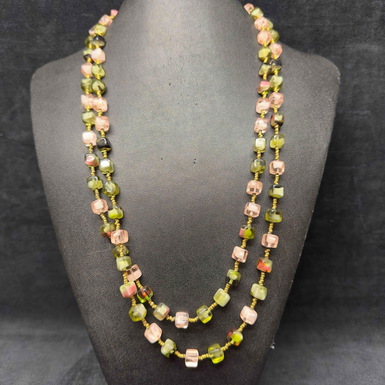 Green and Pink Glass Bead Square Beaded Long Necklace G33: Green and Pink Glass Bead Square Beaded Long Necklace G33. Necklace with green and pink colored square shaped glass beads. This necklace is long in length having the ability to be double layered while