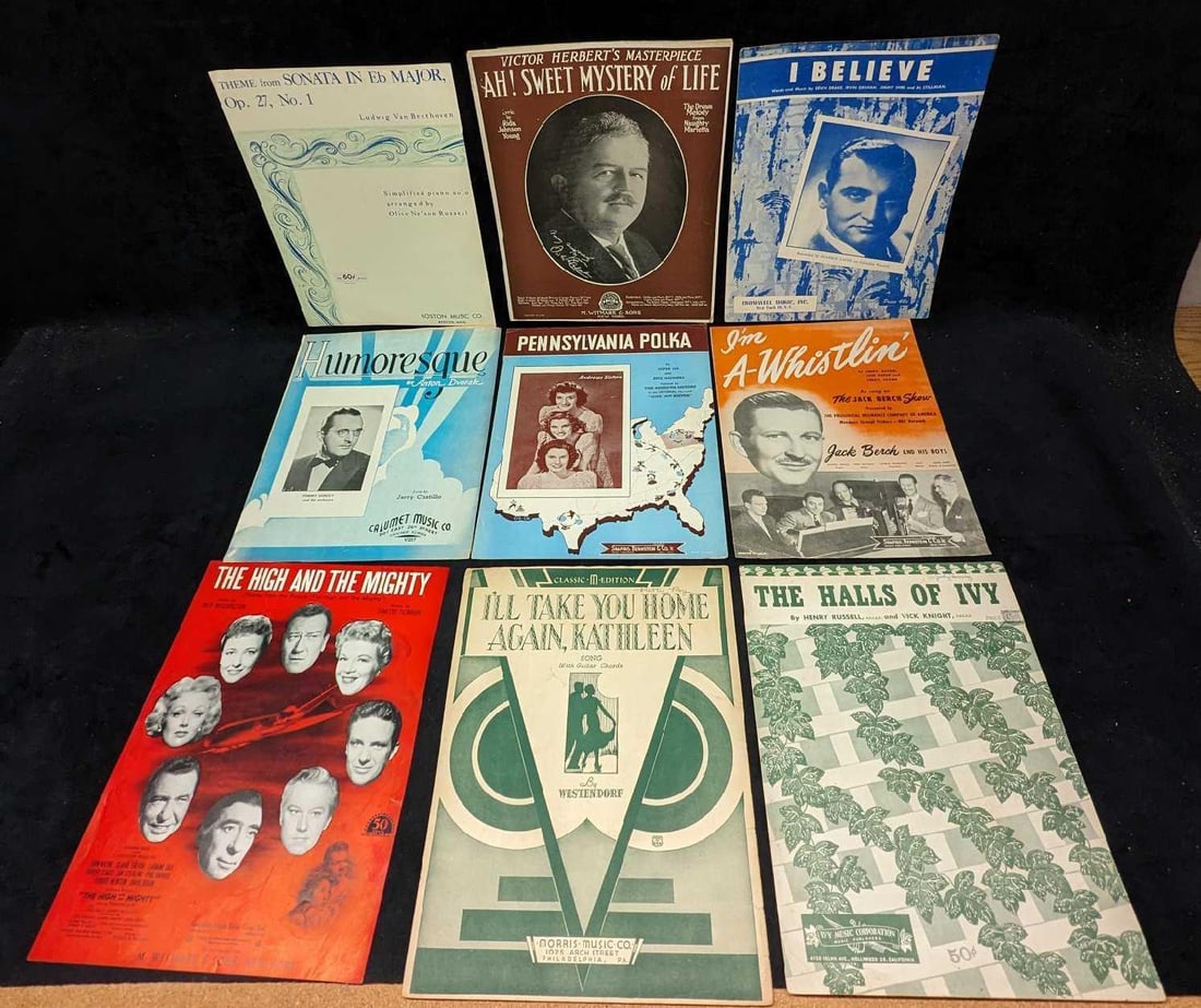 9 Vintage Classic Sheet Music I Believe Humoresque.: This lot includes: (1) The High And The Mighty. This was copyrighted in 1954.(1) I'll Take You Home Again, Kathleen. This was copyrighted in 1932.(1) The Halls Of Ivy. This was copyrighted in