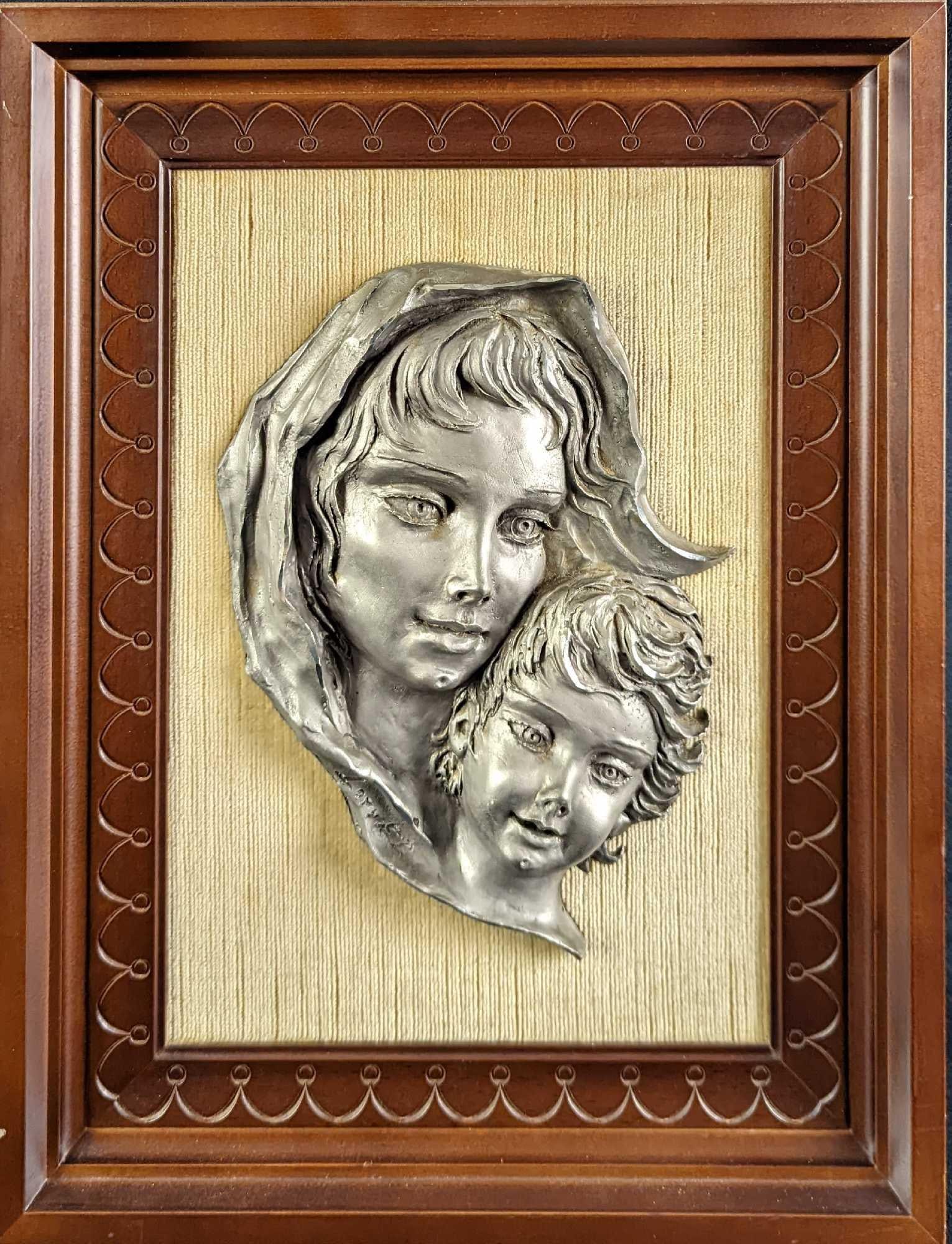JB Vintage Framed Pewter Mother & Child Sculpture Art: Here is an framed Italian Pewter 3D Sculpture of a mother & child. The framed art is approx 12 3/4" x 1" x 16" and it weighs 3.5lbs. The framed pewter is in a good, vintage condition with chips and
