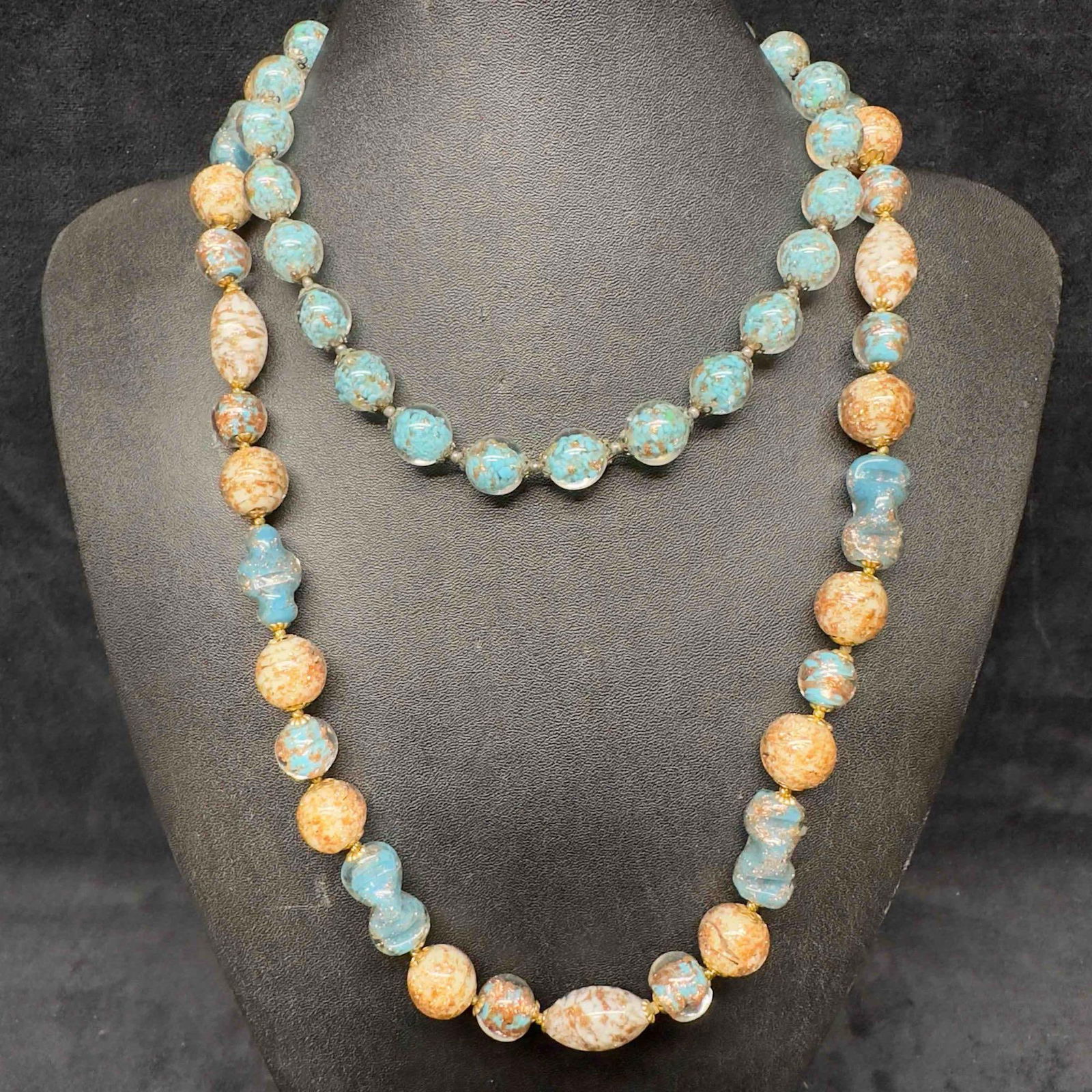 Venetian Murano Glass Lamp Work Light Blue and Copper Colored Bead Necklace Set Beaded Necklaces (1 of 10)
