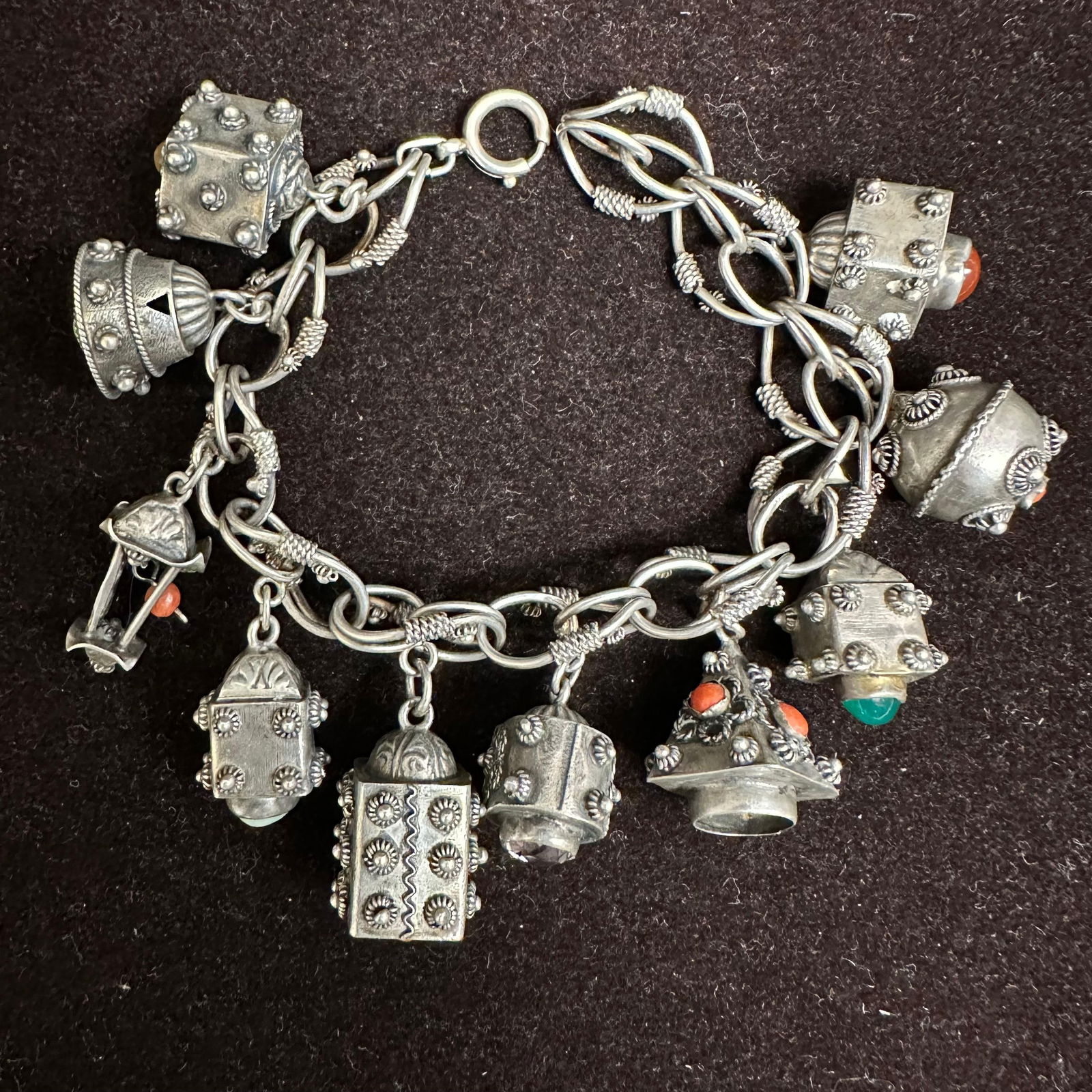 Italian Etruscan Style Sterling Multiple Ornate Charms with Small Gemstones R13: This item is in good pre-owned, previously used/displayed condition with noticeable light wear and surface scratches. Please reference all photos for full details. This piece of jewelry has been teste